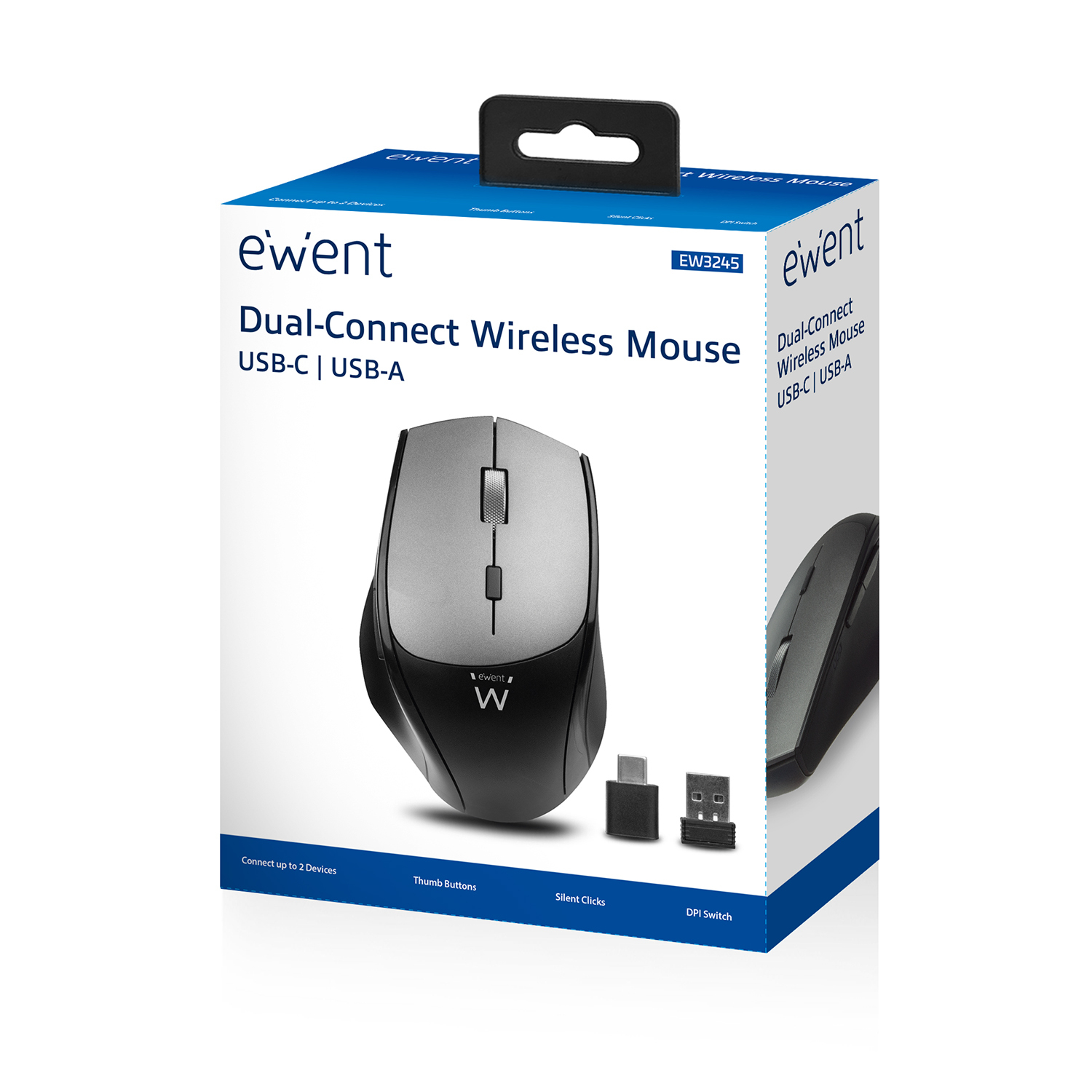 Ewent dual-connect draadloze muisdoos. De muis is grijs en zwart. De doos toont de muis.