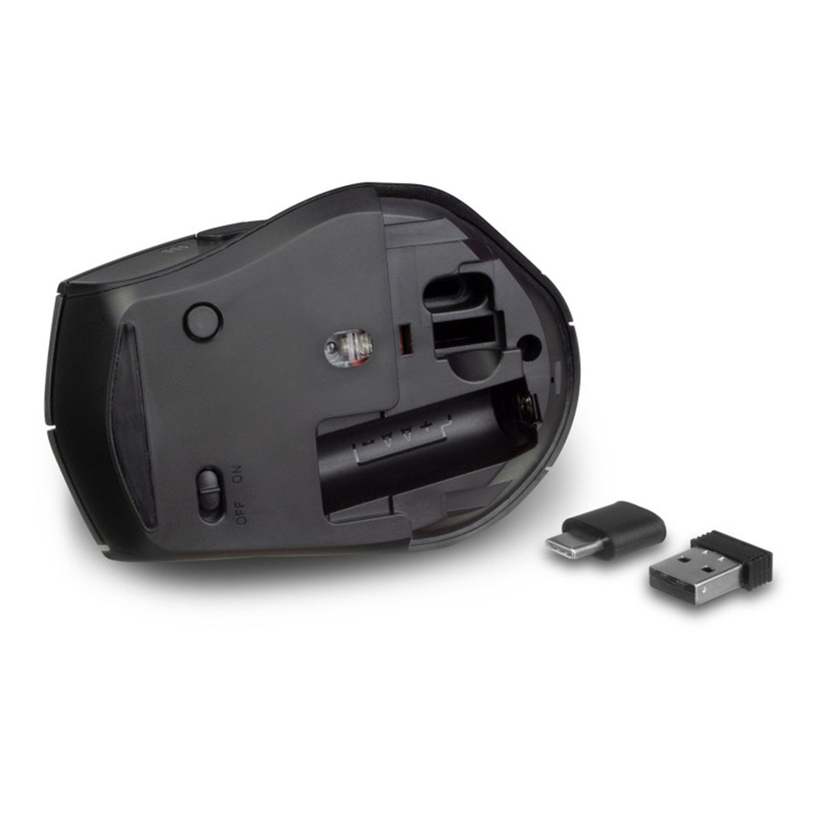 Zwarte computermuis, onderaanzicht, met open batterijvak. USB- en USB-C-ontvangers worden getoond.