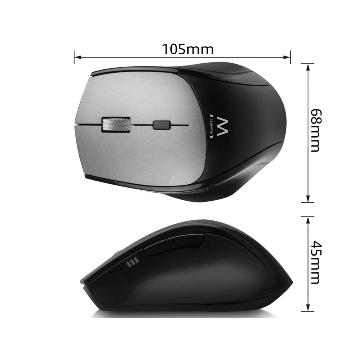 Gamingmuis, zwart en zilver, met afmetingen: 105 mm x 68 mm x 45 mm.