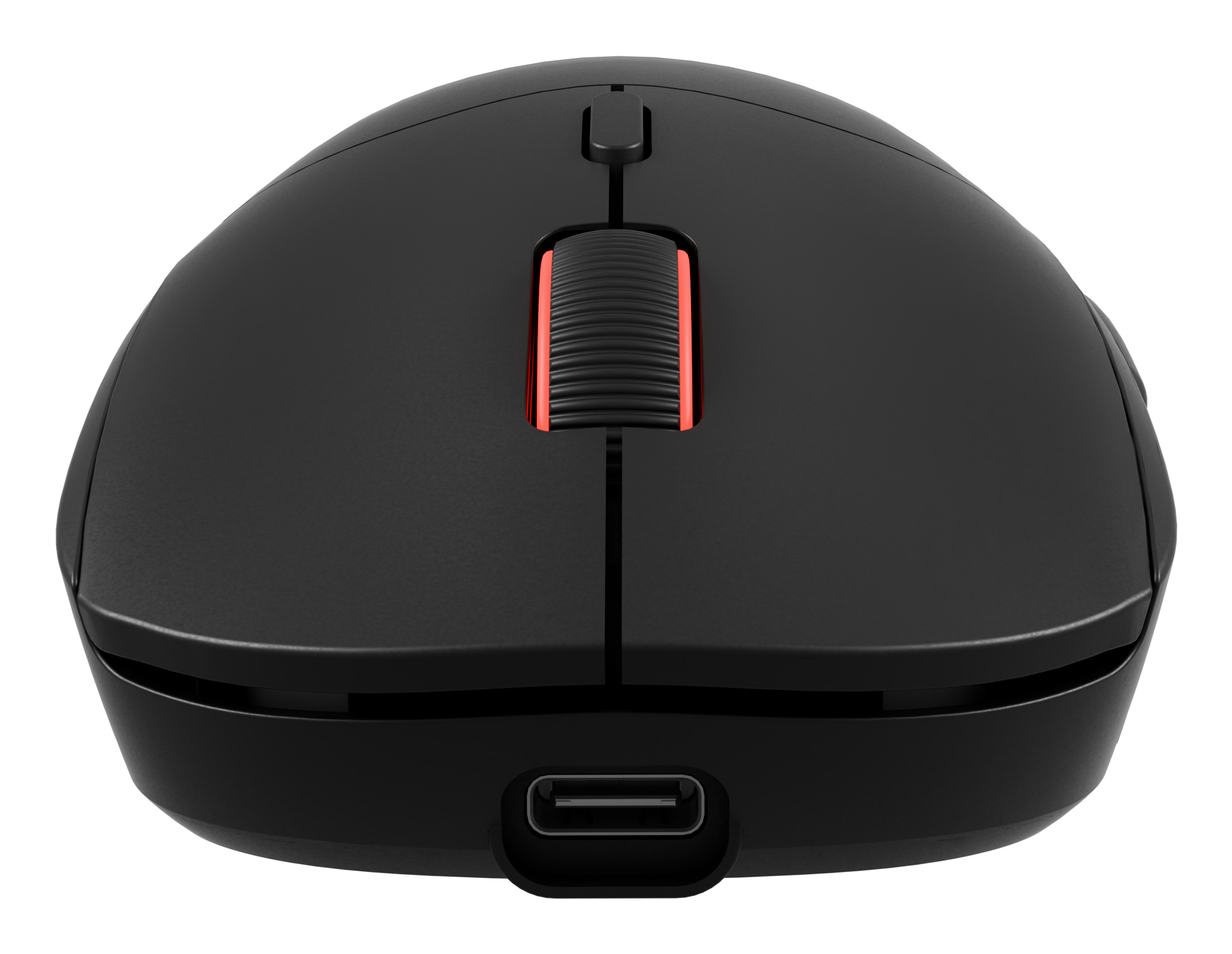 Zwarte computermuis met rode scrollwiel en USB-poort.