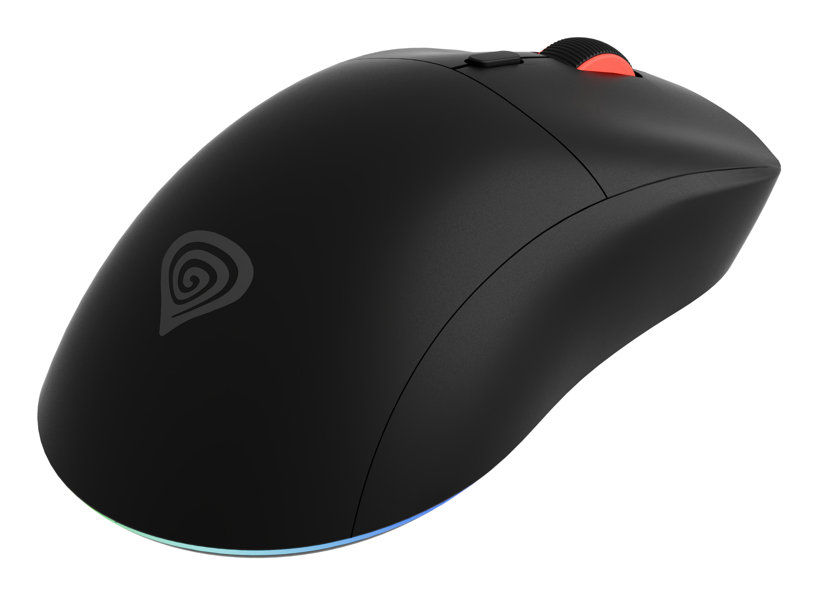 Zwarte computermuis met rode rol en logo, geïsoleerd op witte achtergrond.