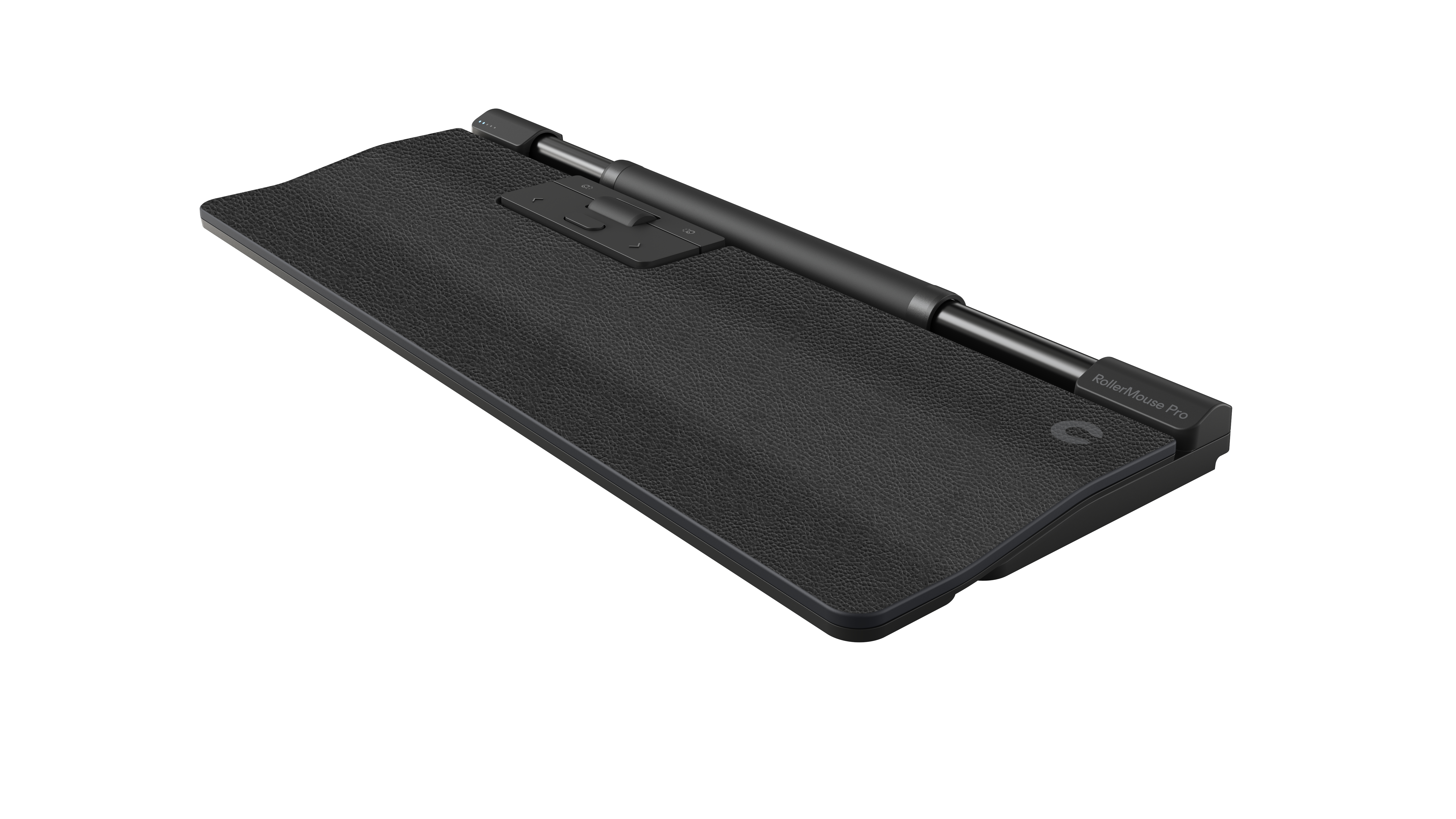 Ergonomic keyboard and mouse. Black and gray, with the words RollerMouse Pro on it.