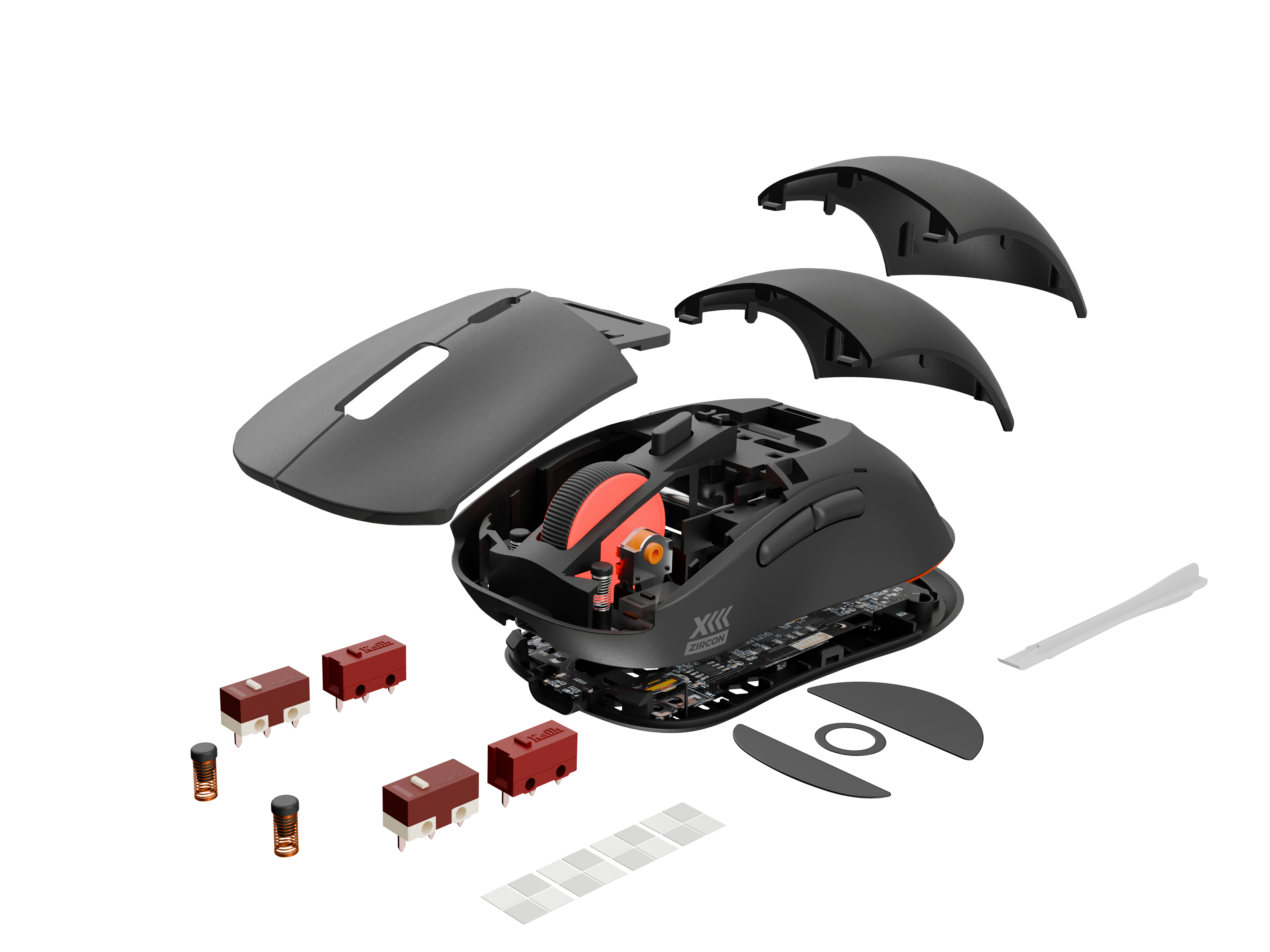 Zwarte gaming muis gedemonteerd. Toont interne componenten: knoppen, wiel en printplaat.