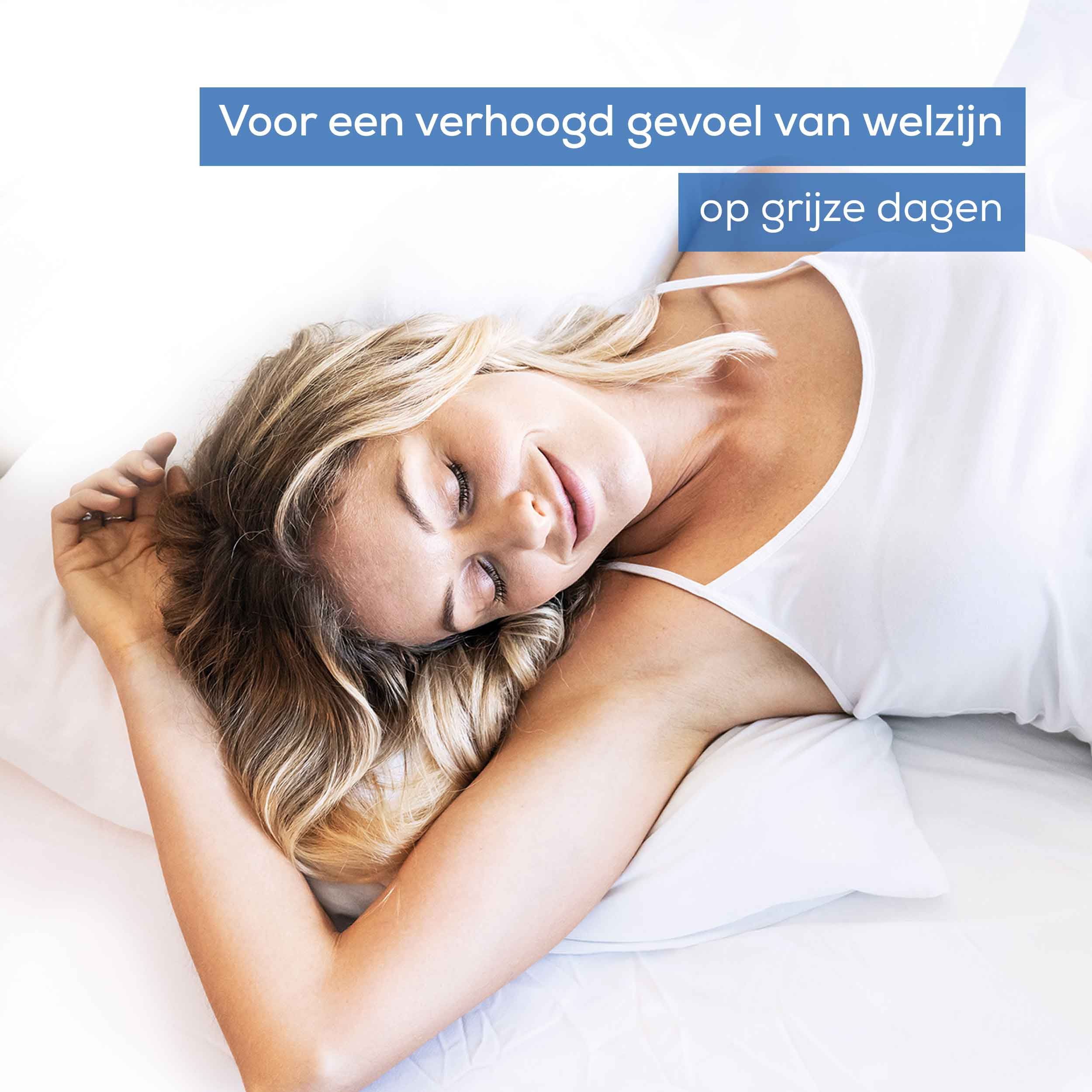 Woman sleeping on a white pillow, wearing a white tank top, with text above in blue.