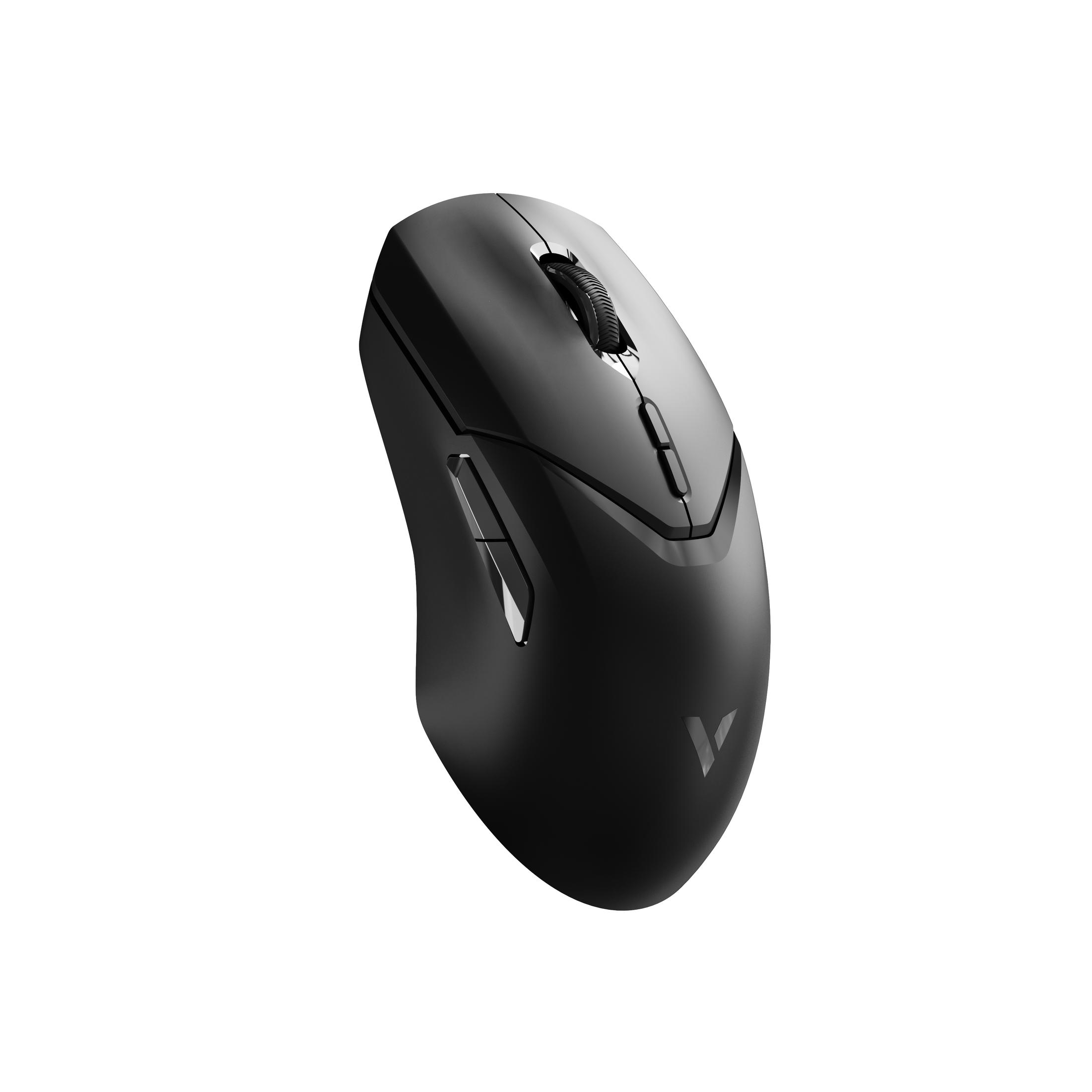 Mouse wireless nero, vista angolata. Sfondo bianco. Un logo è visibile sulla superficie del mouse.
