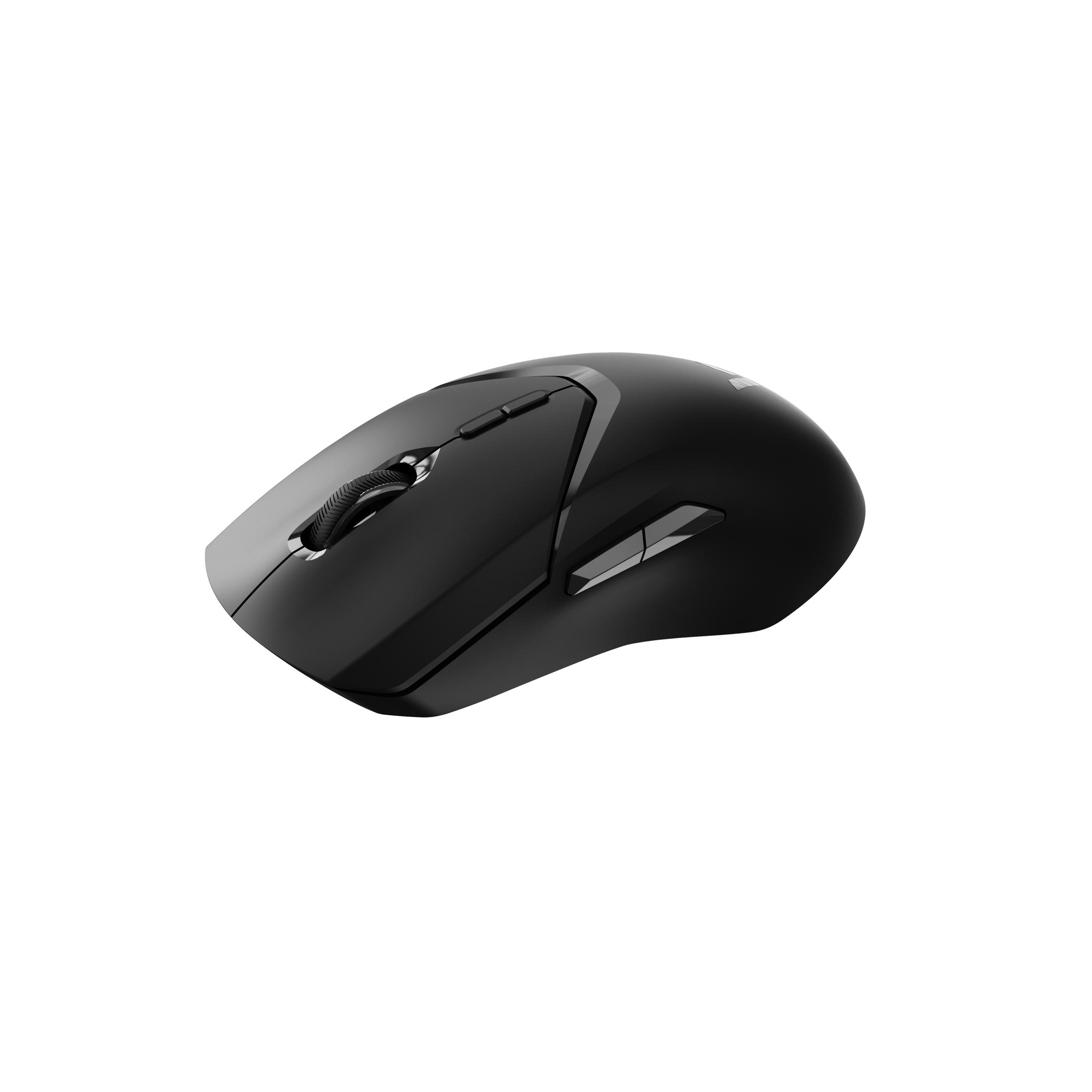Un mouse ergonomico nero, con rotella di scorrimento argentata e pulsanti laterali, su una superficie bianca.