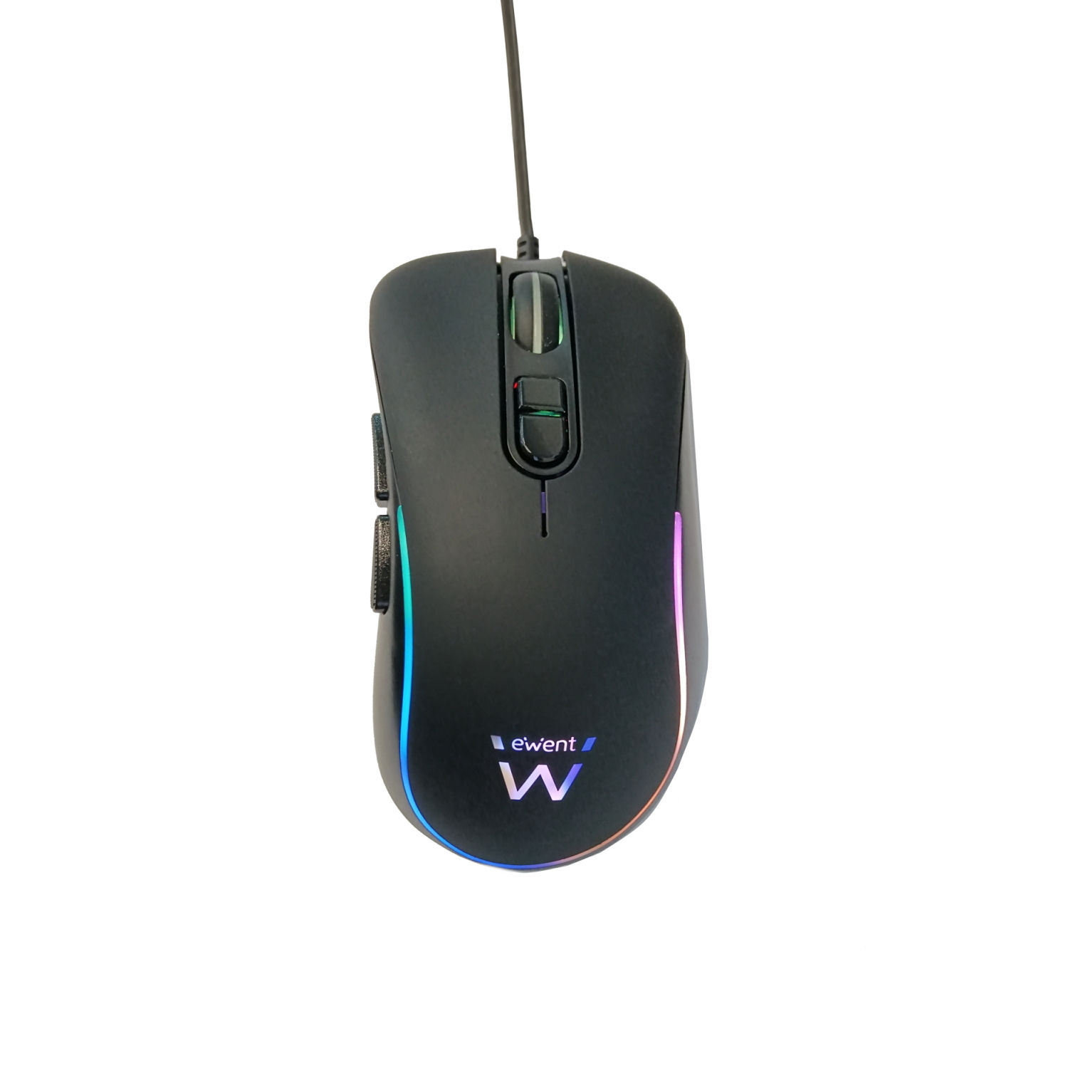 Mouse da gioco nero con luci multicolore e cavo.