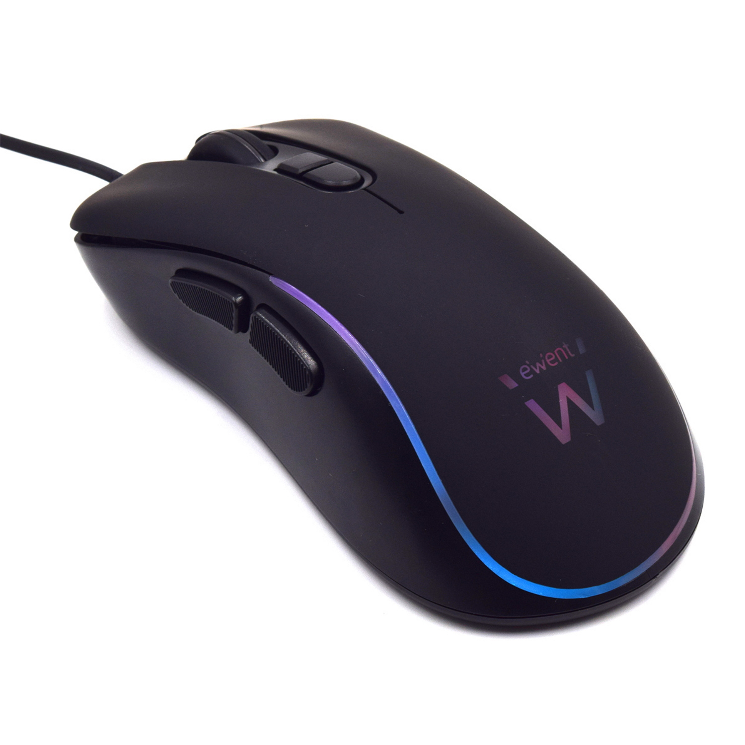 Un mouse per computer nero con bordo colorato. Lo sfondo è bianco.