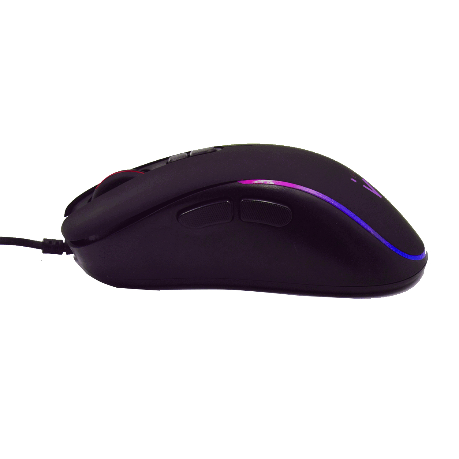 Mouse da gioco nero, pulsanti laterali e illuminazione RGB sui bordi.