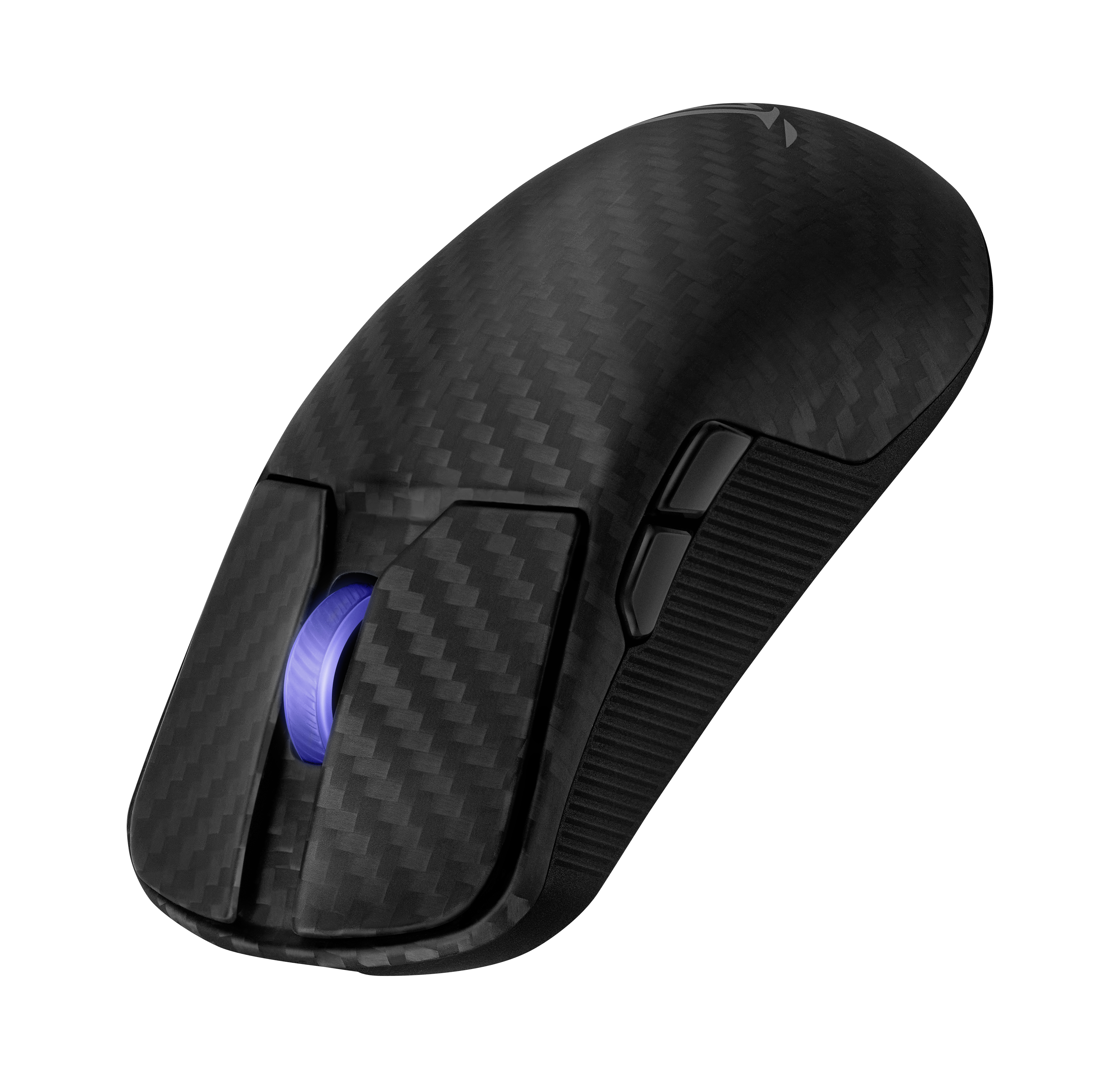 Czarna mysz do gier z fakturą włókna węglowego. Ma dwa boczne przyciski i niebieskie kółko przewijania.