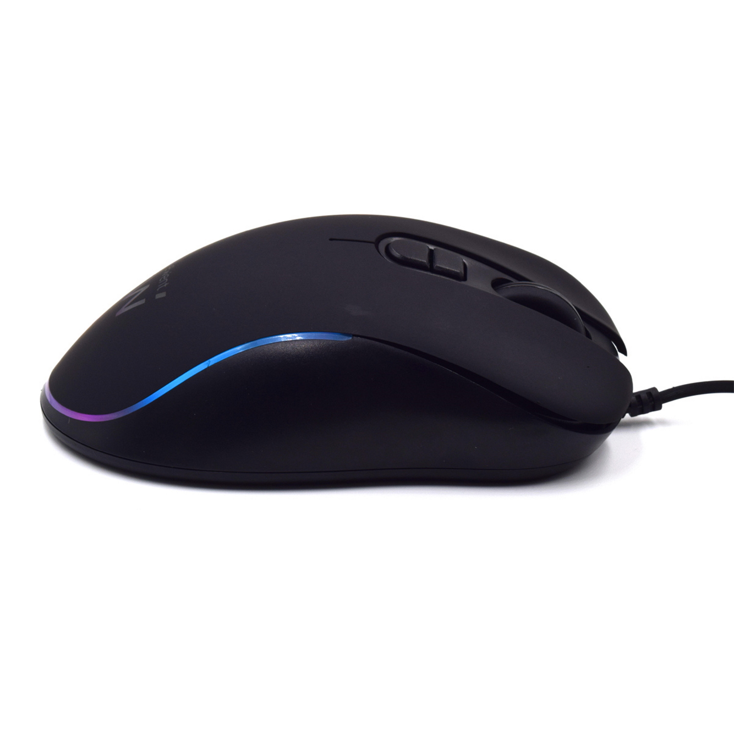 Mouse per computer nero con pulsanti laterali. Luce blu e viola sul fondo.