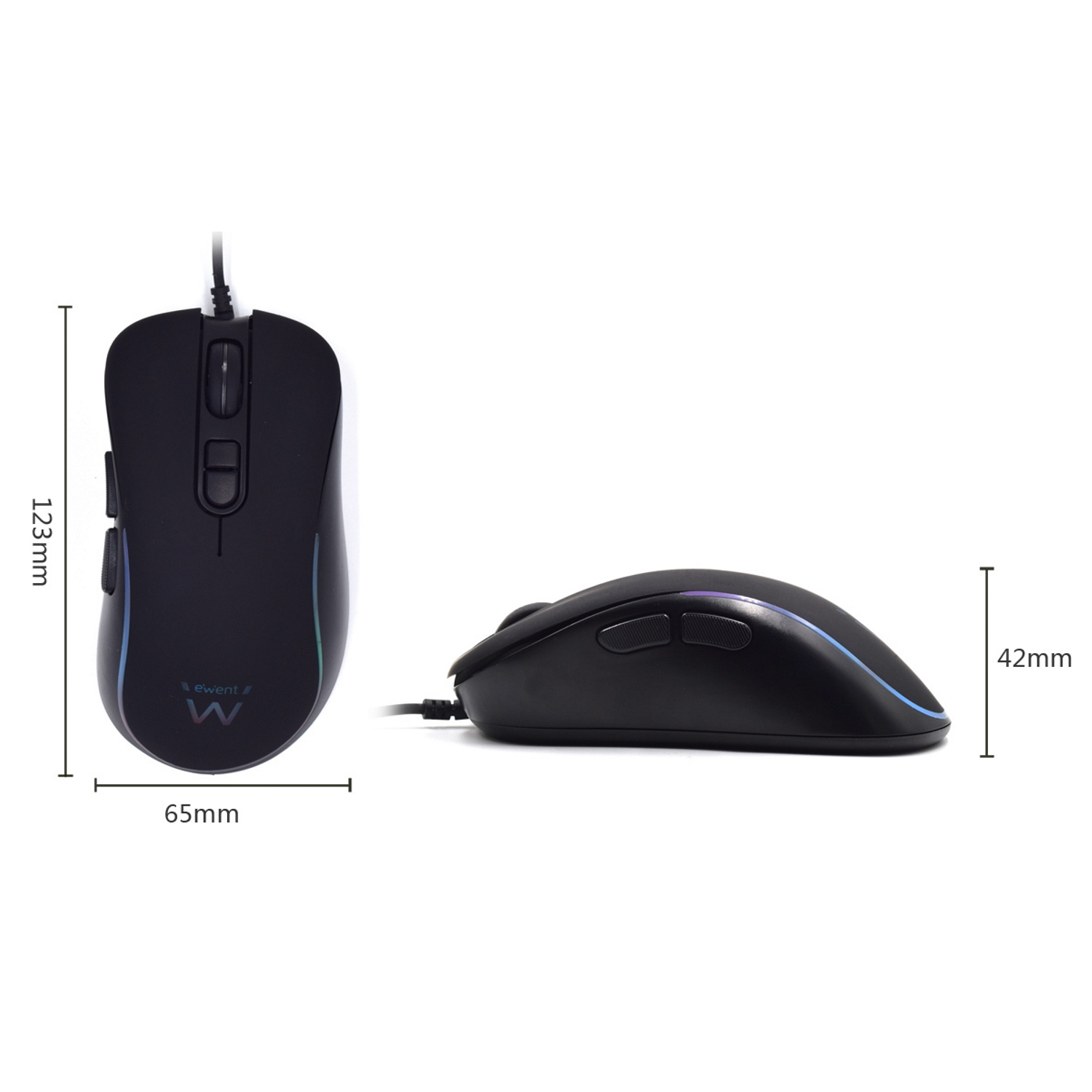 Un mouse nero con dimensioni indicate. Ha un cavo USB collegato ed è su una superficie bianca.