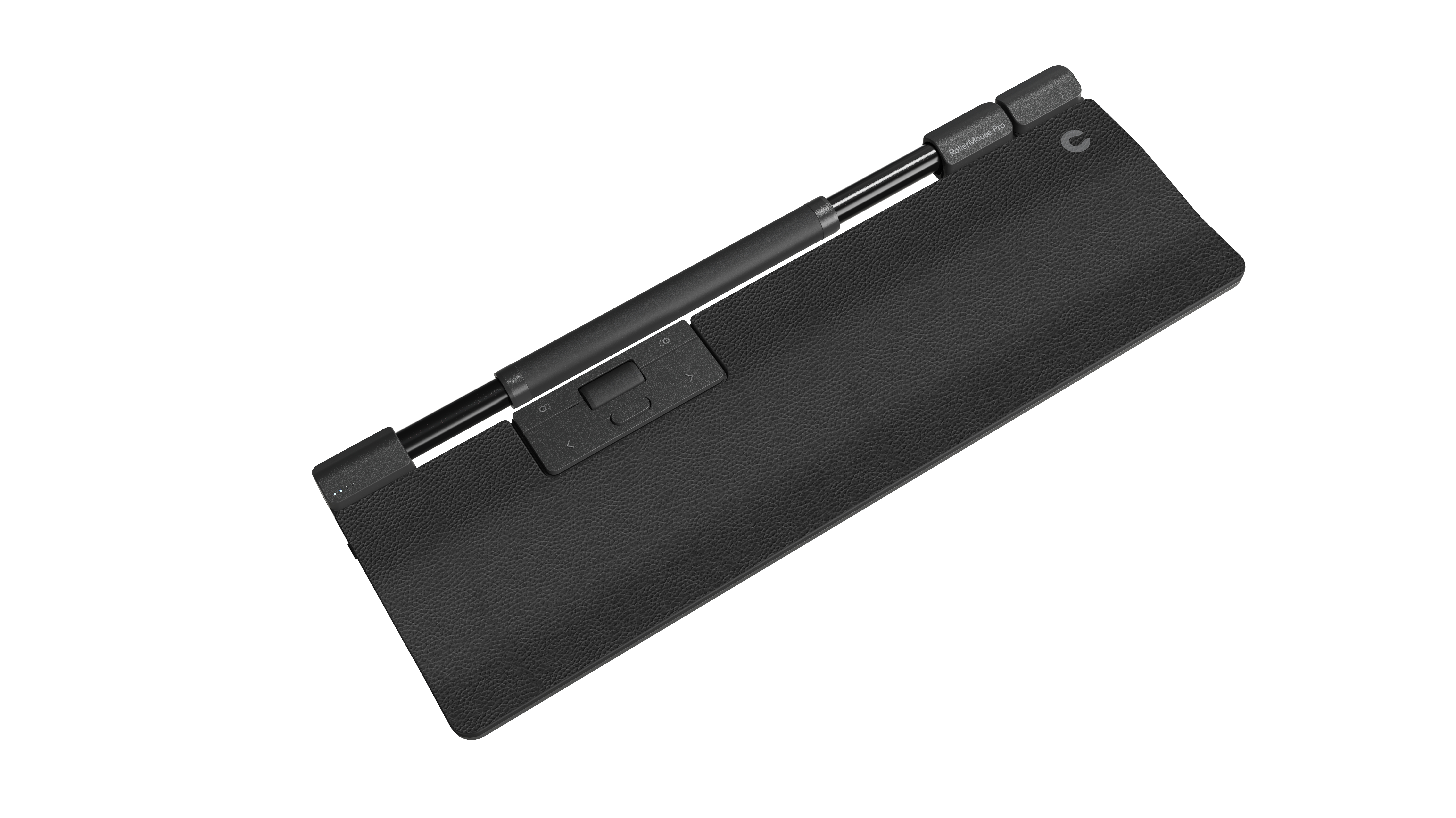 Ergonomiczna klawiatura i mysz. Czarne i szare kolory. Widoczna nazwa RollerMouse Pro.