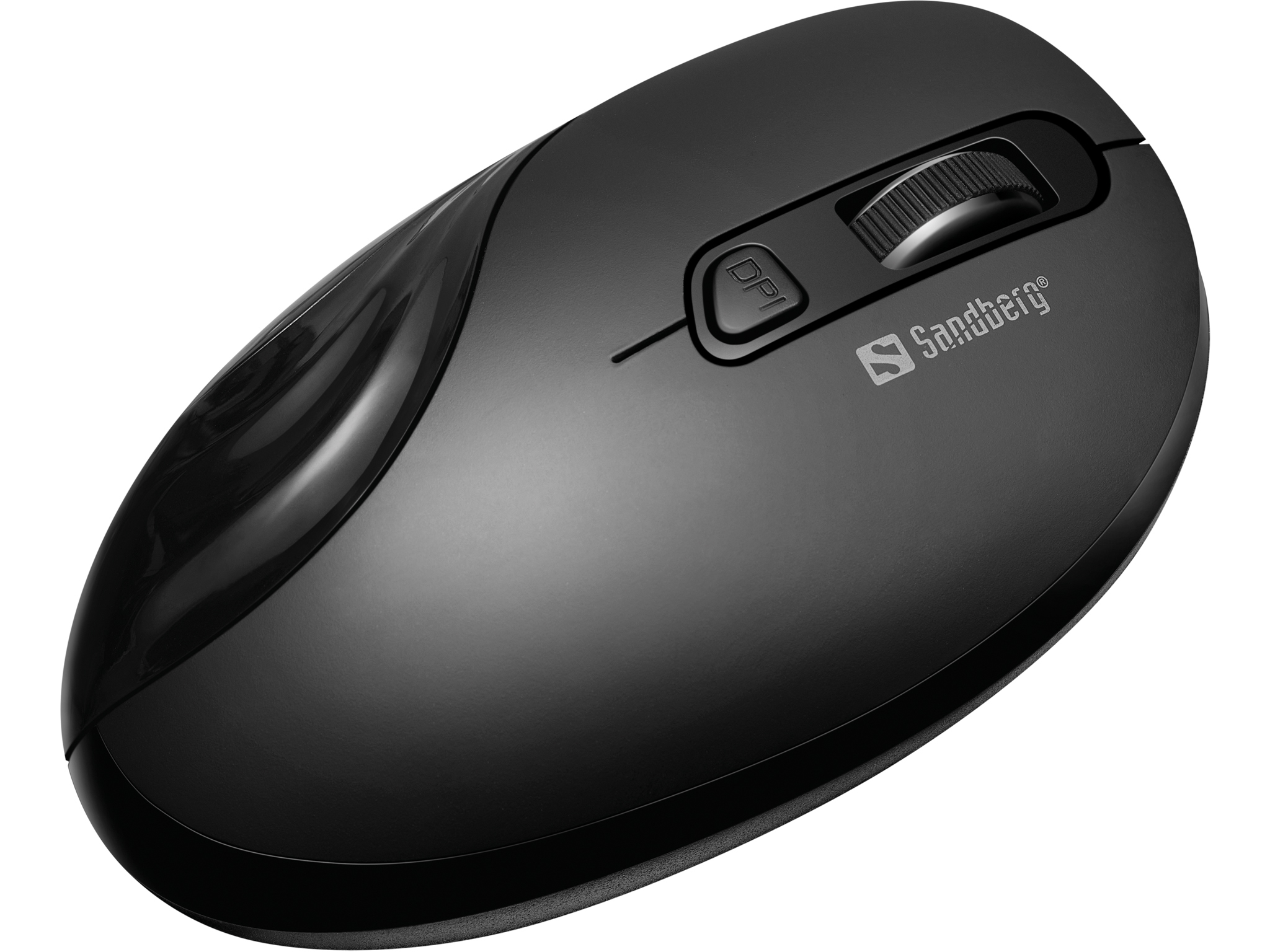 Black computer mouse with scroll wheel and DPI button, isolated on white.