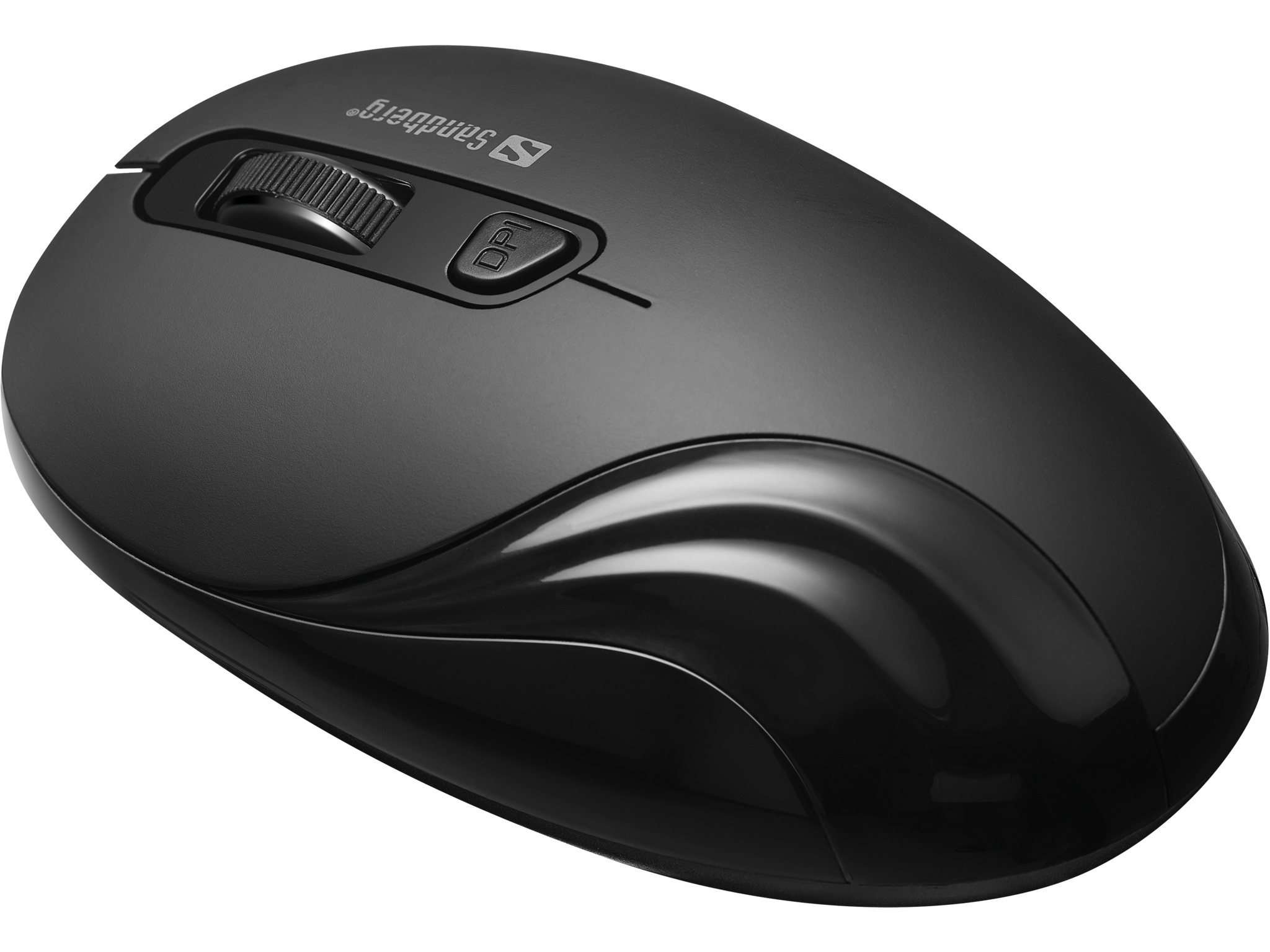A black mouse with a scroll wheel and a DP button.