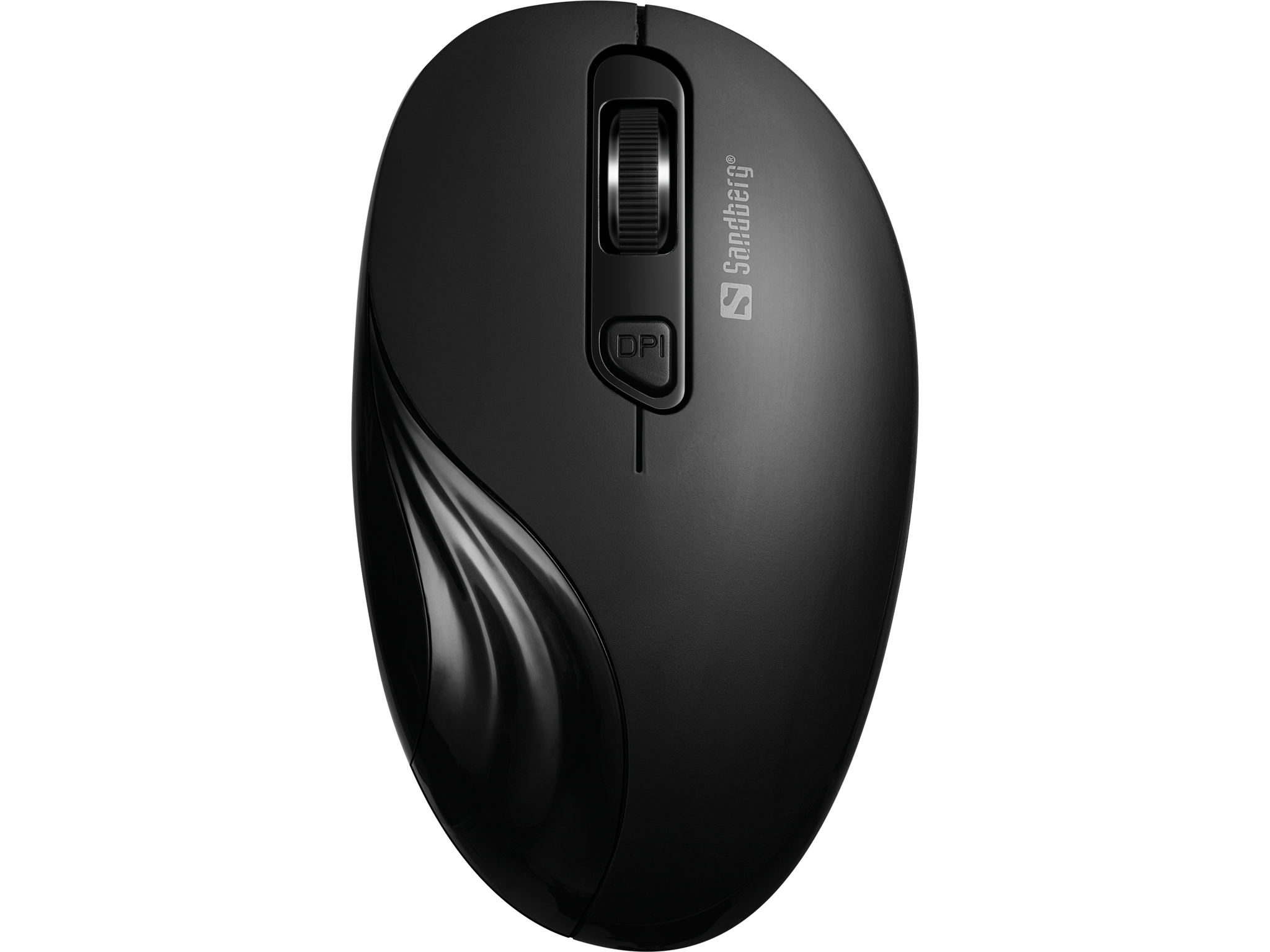 Black computer mouse with DPI button, scroll wheel, and a logo.