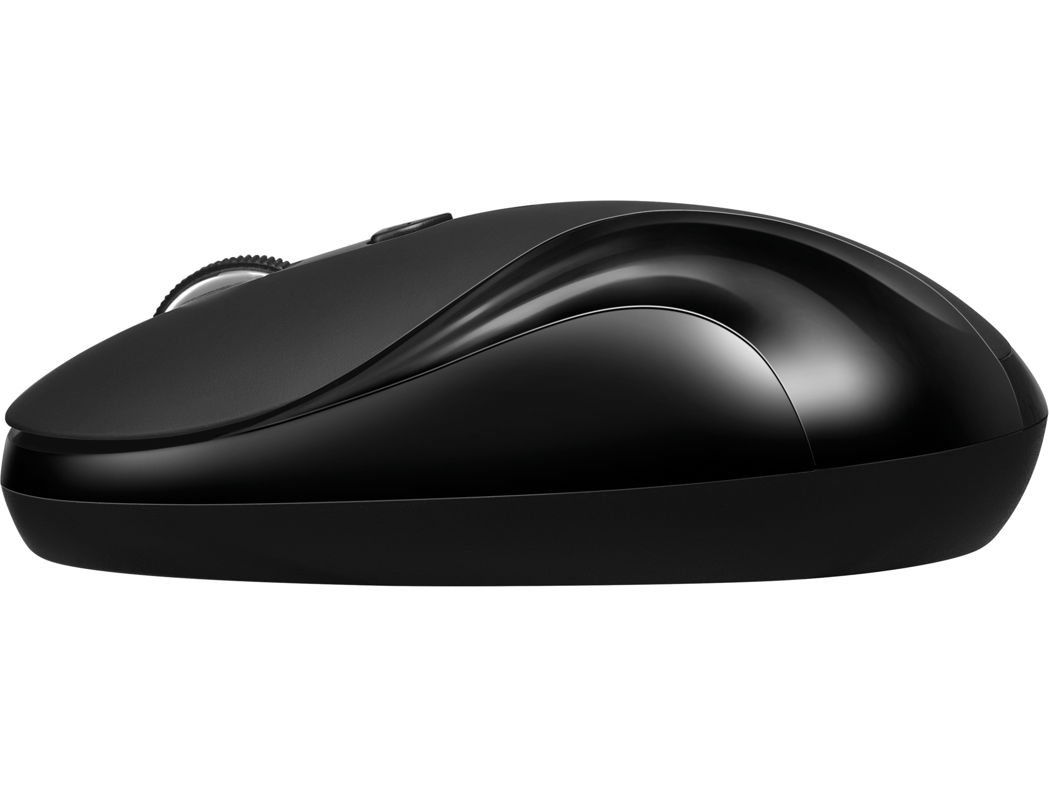 A black computer mouse with a smooth, glossy finish and a scroll wheel.