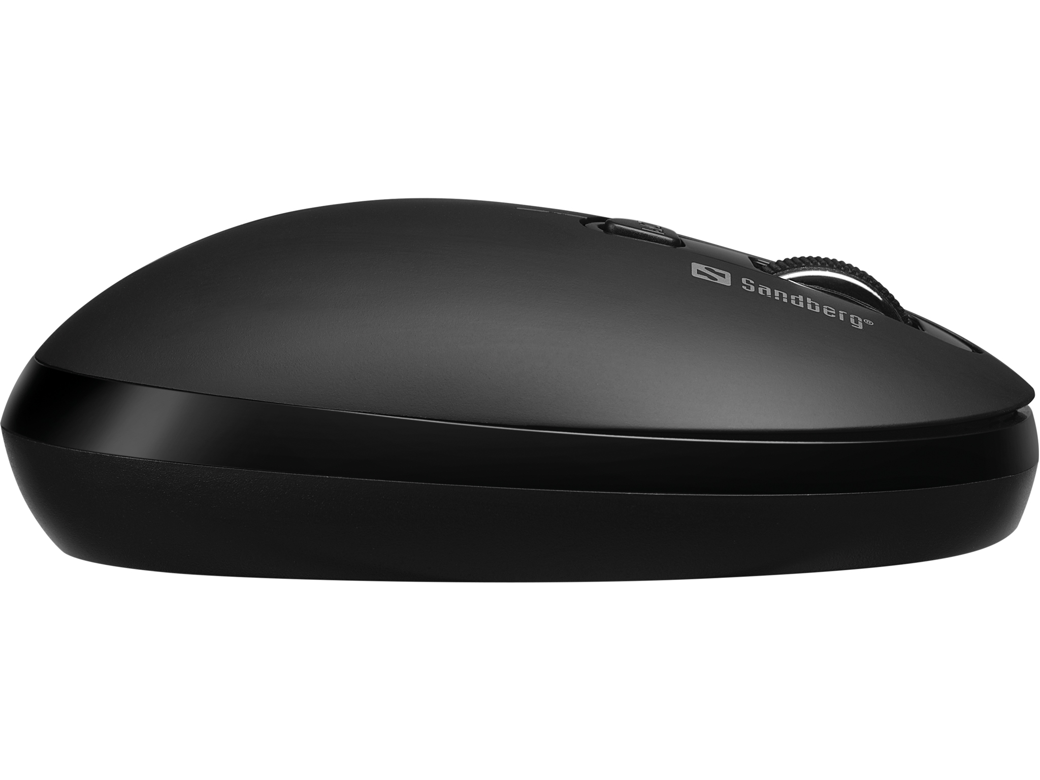 Black Sandberg mouse. The mouse has a wheel and two buttons.