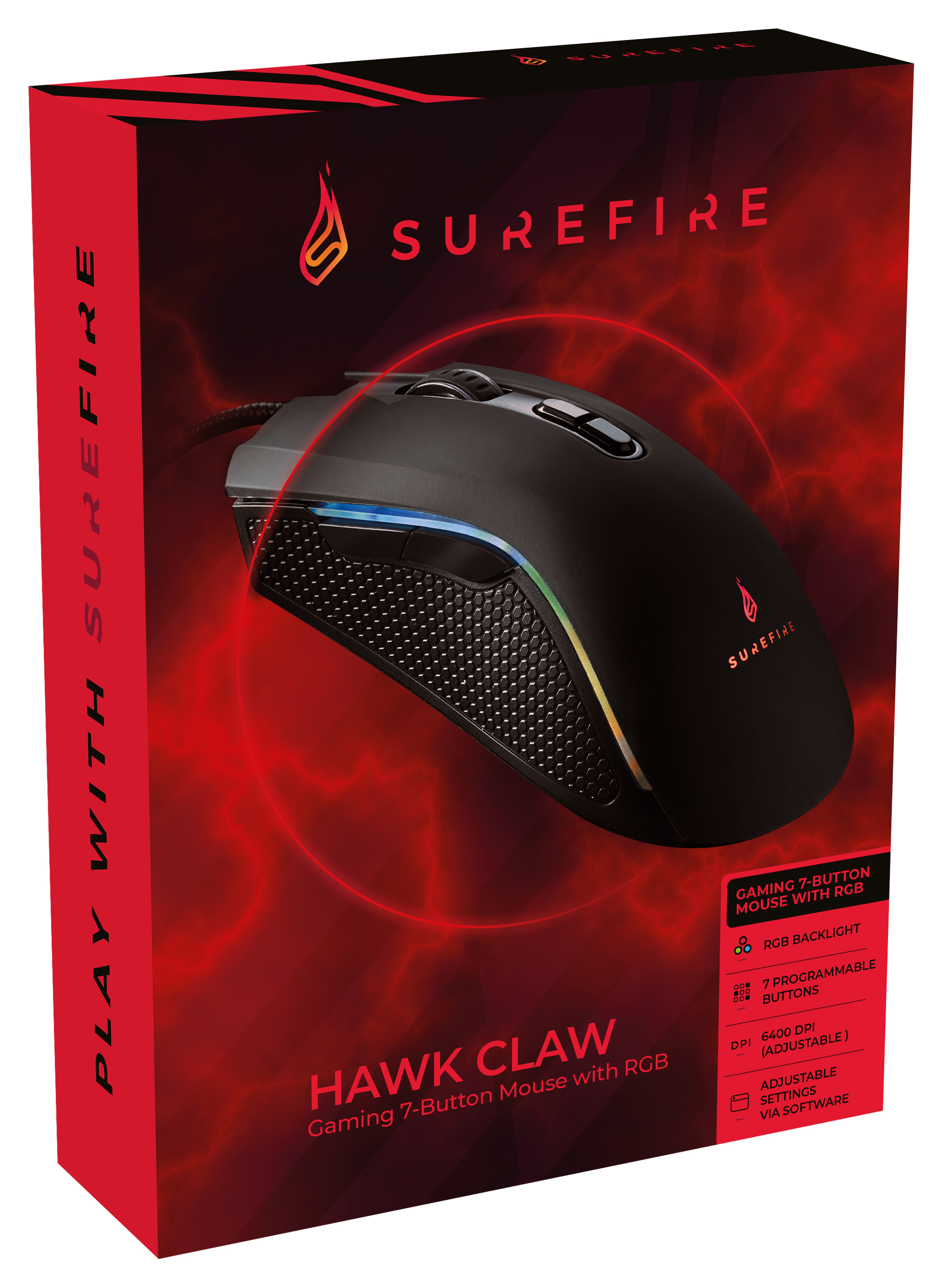 Scatola mouse da gioco, mouse nero, scatola rossa e nera con testo, su sfondo bianco.