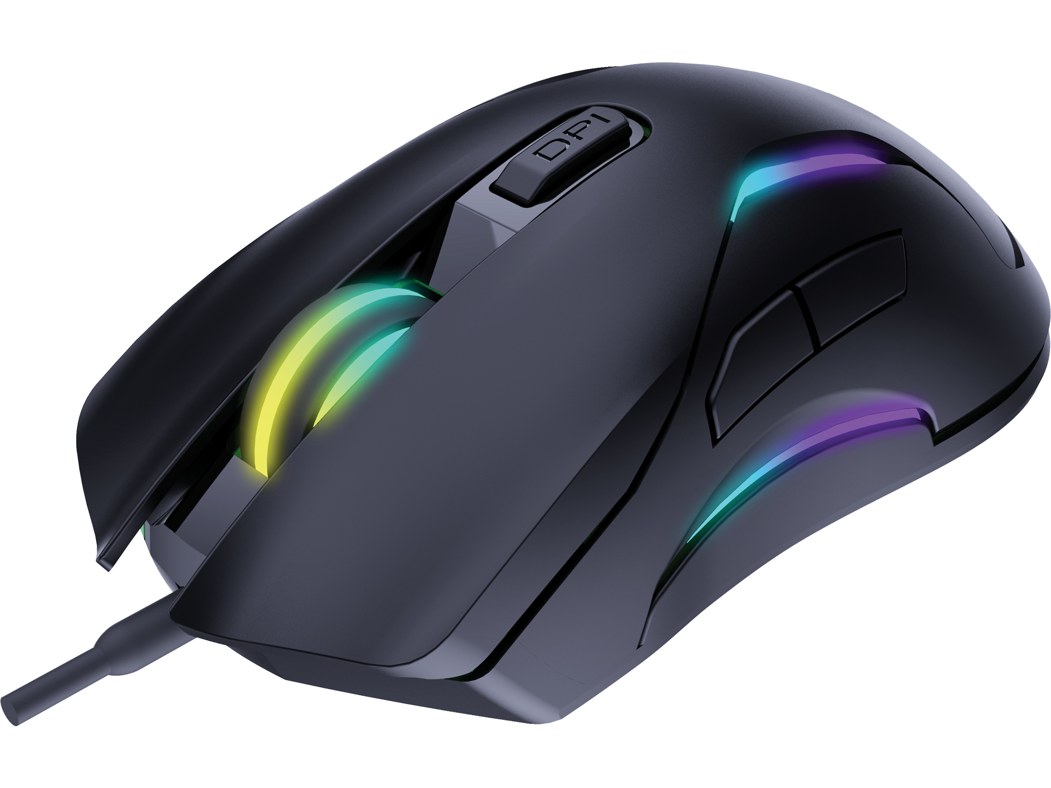 Black gaming mouse with RGB lighting. Isolated on white background.
