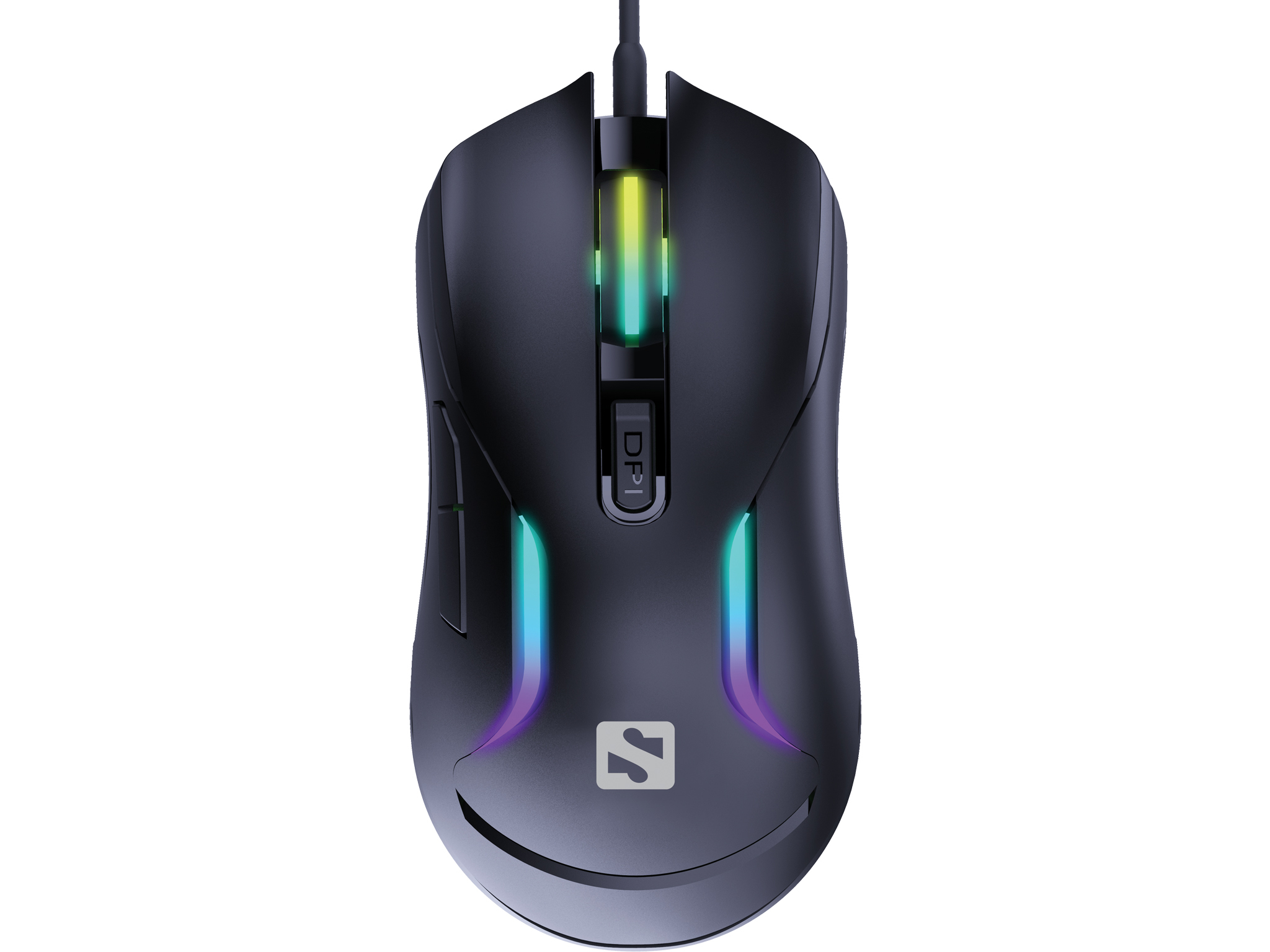 Black gaming mouse with colored lights and DPI button, with the logo of an 'S'.