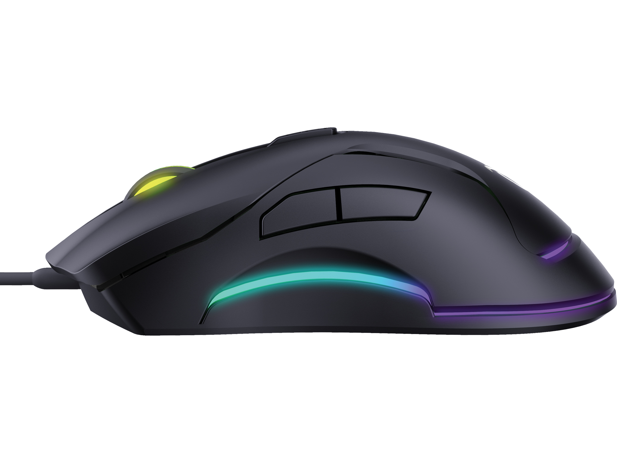Black gaming mouse with side buttons and lighting on a white background.