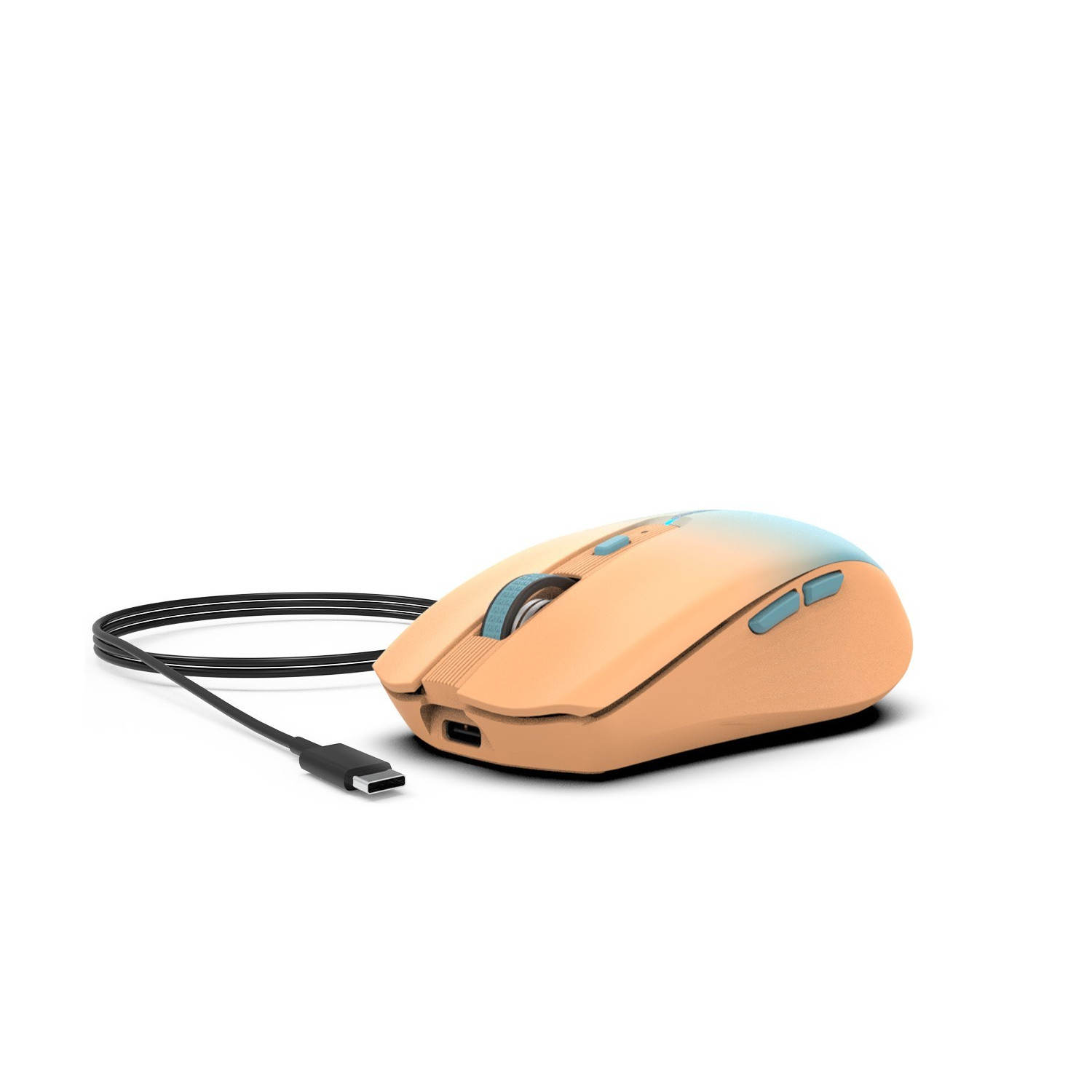 Pomarańczowa i biała mysz z niebieskimi przyciskami, podłączona do czarnego kabla USB.