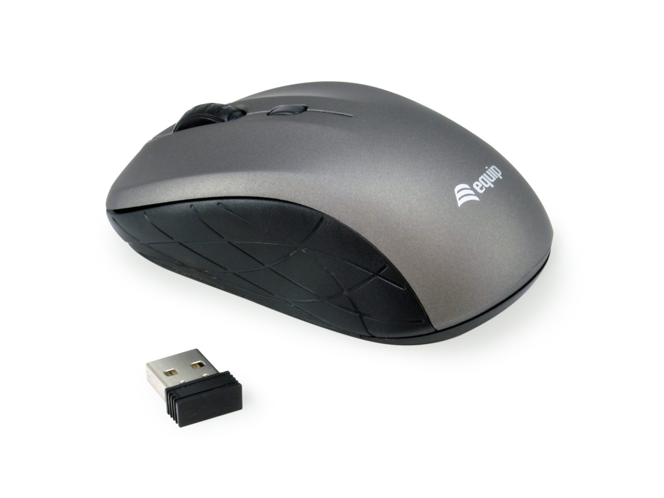 Graue Computermaus mit schwarzen Akzenten und USB-Empfänger. Das Logo befindet sich auf der rechten Seite.