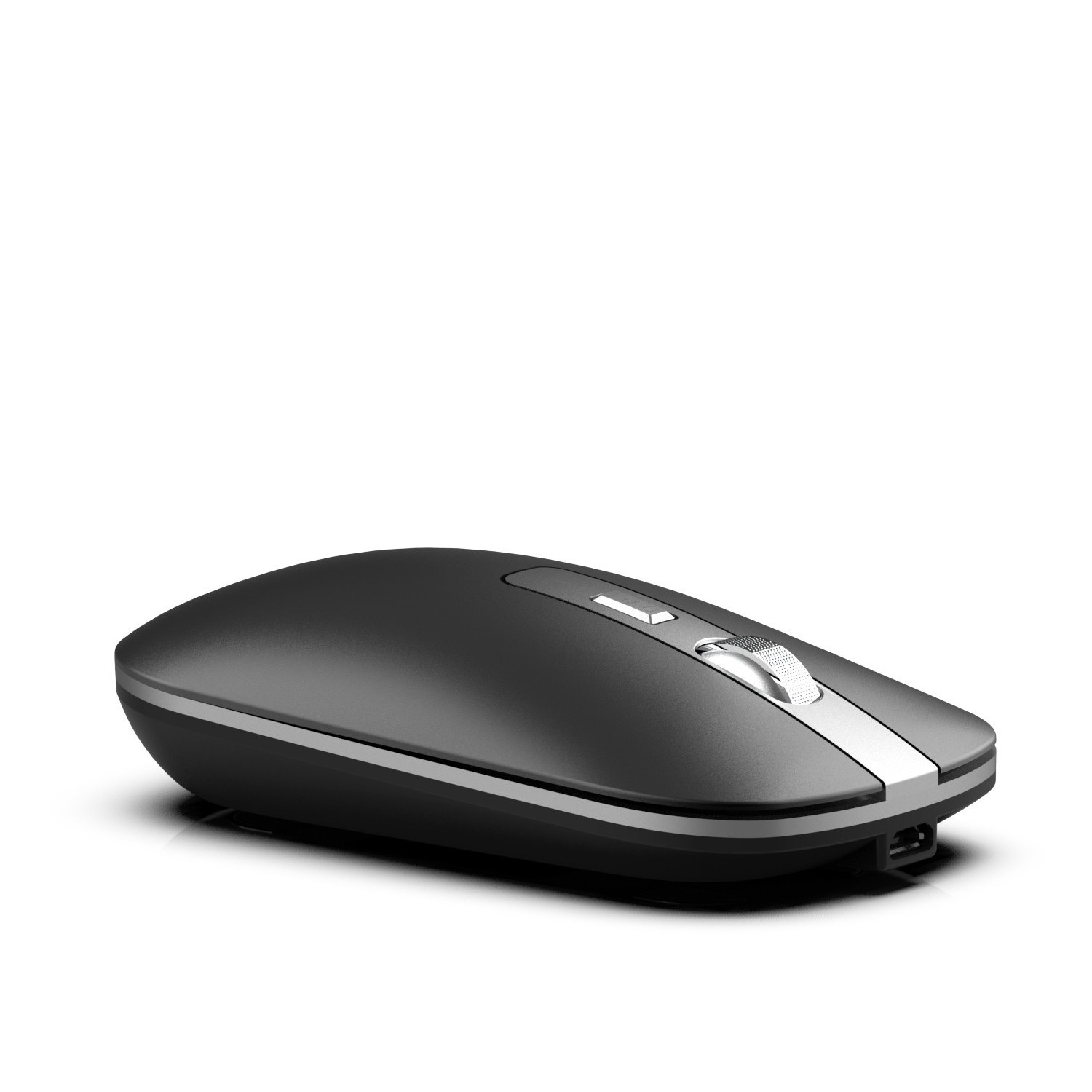 Czarna mysz bezprzewodowa ze srebrnym akcentem. Białe tło.