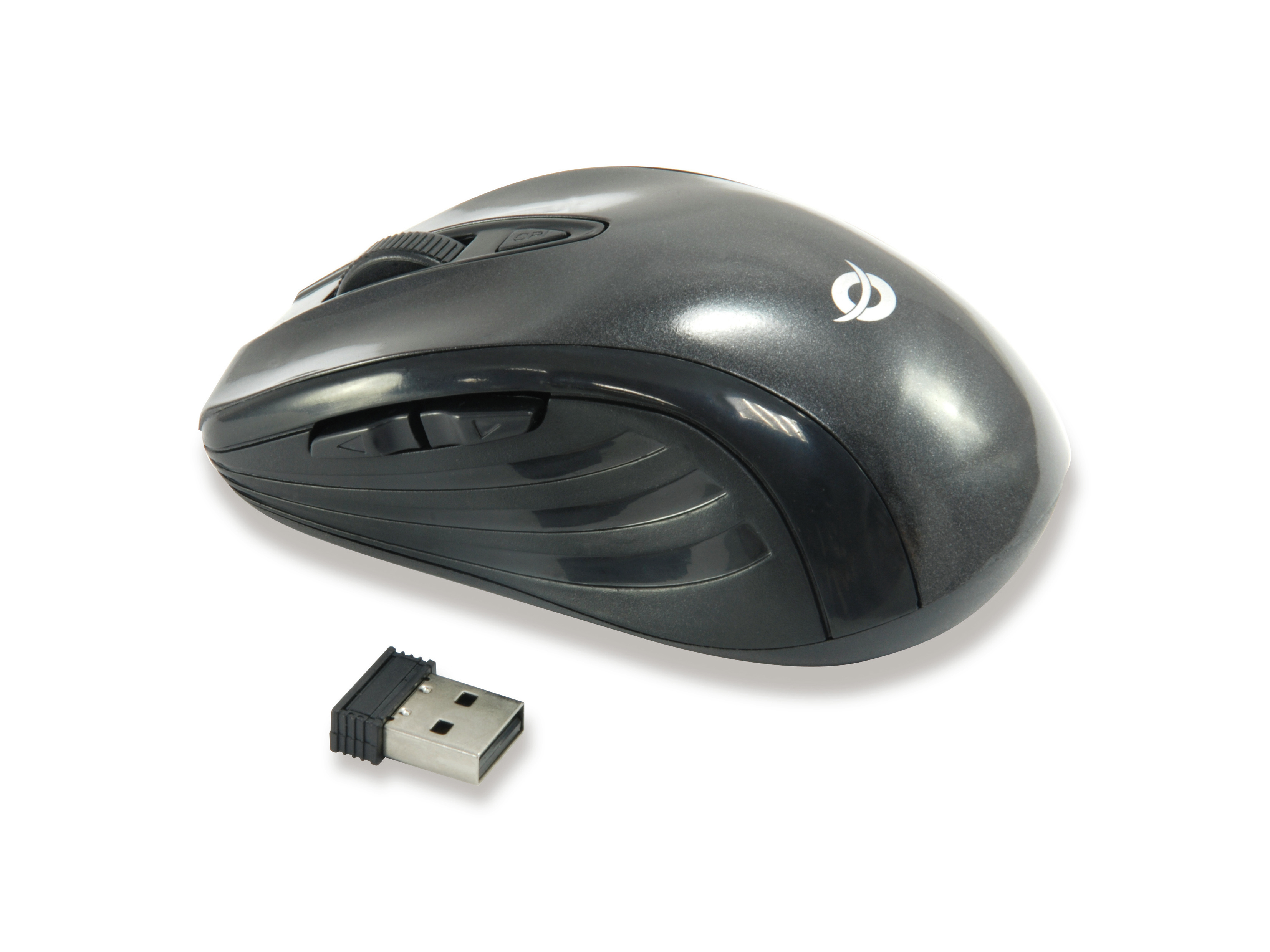 Ratón de computadora negro con rueda de desplazamiento y receptor USB.