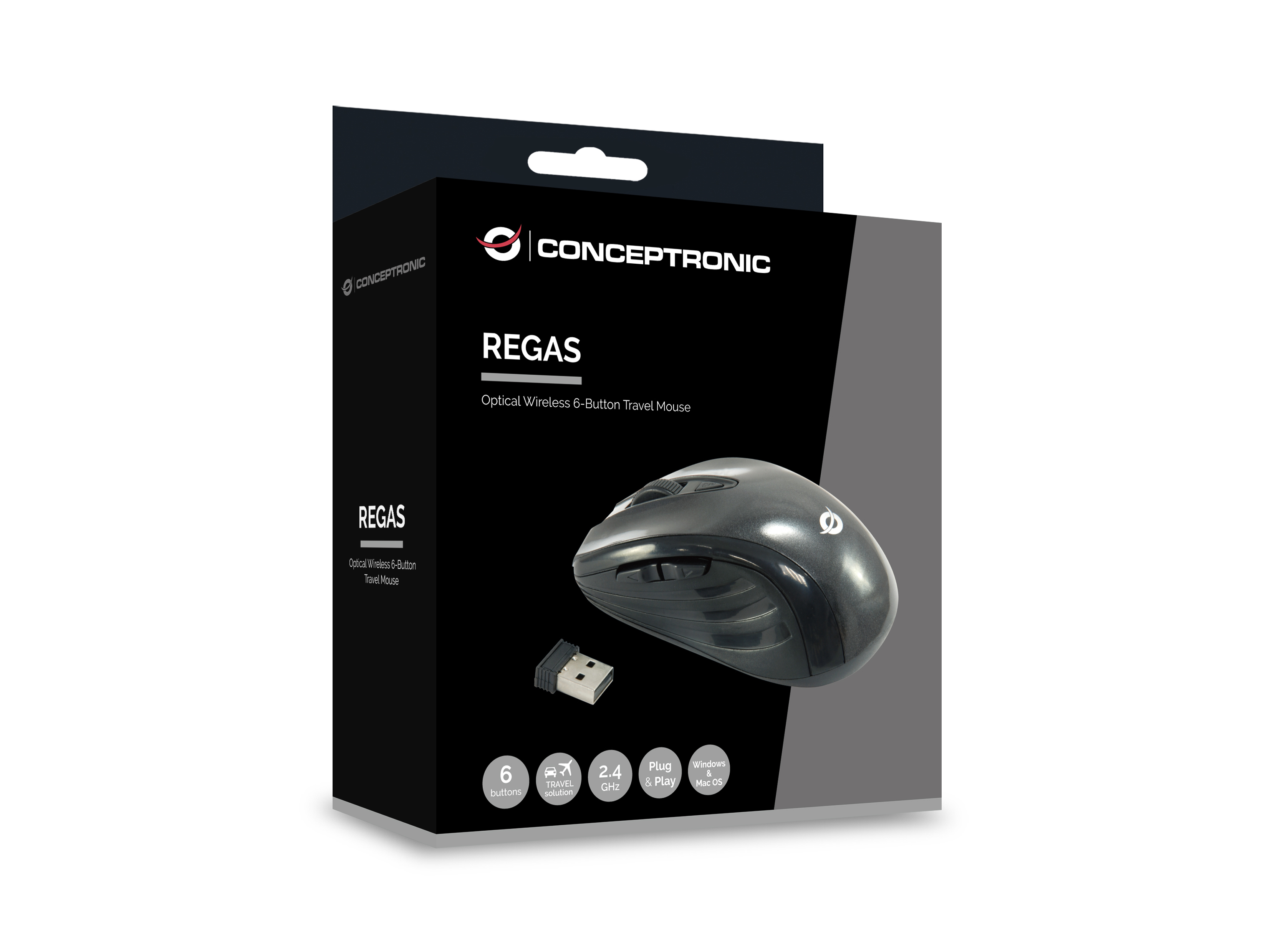 Ratón negro en caja blanca y negra con texto. Incluye un receptor USB.