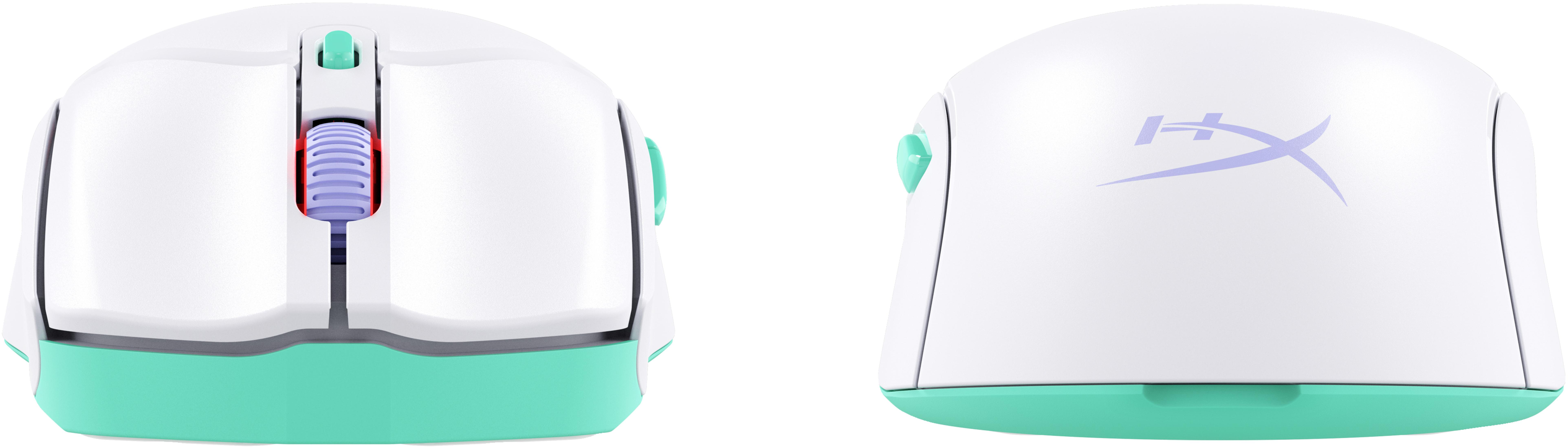 Biała mysz do gier, widok z góry i z boku. Posiada kółko przewijania i boczne przyciski, z logo na górze.