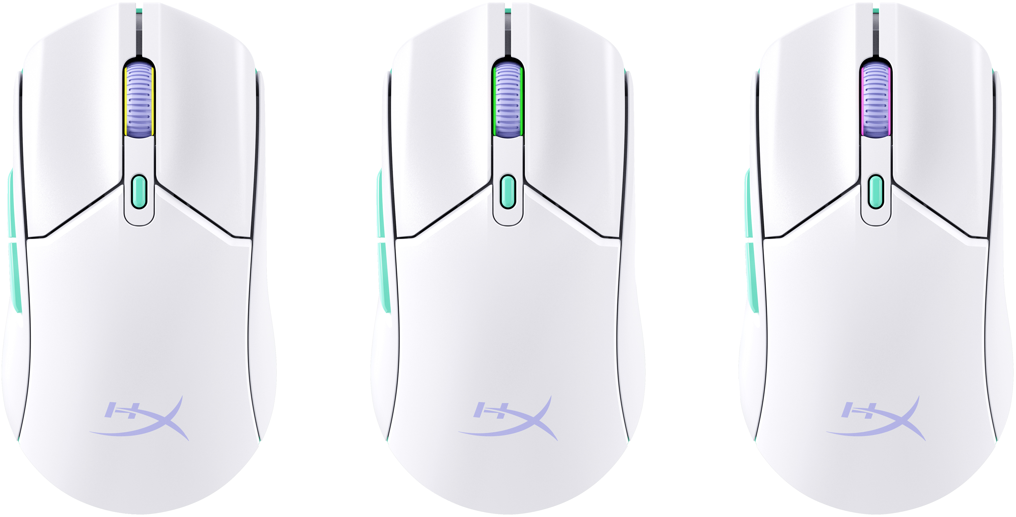 Trzy białe myszy gamingowe. Białe tło. Każda mysz ma inny kolor rolki i akcentów.