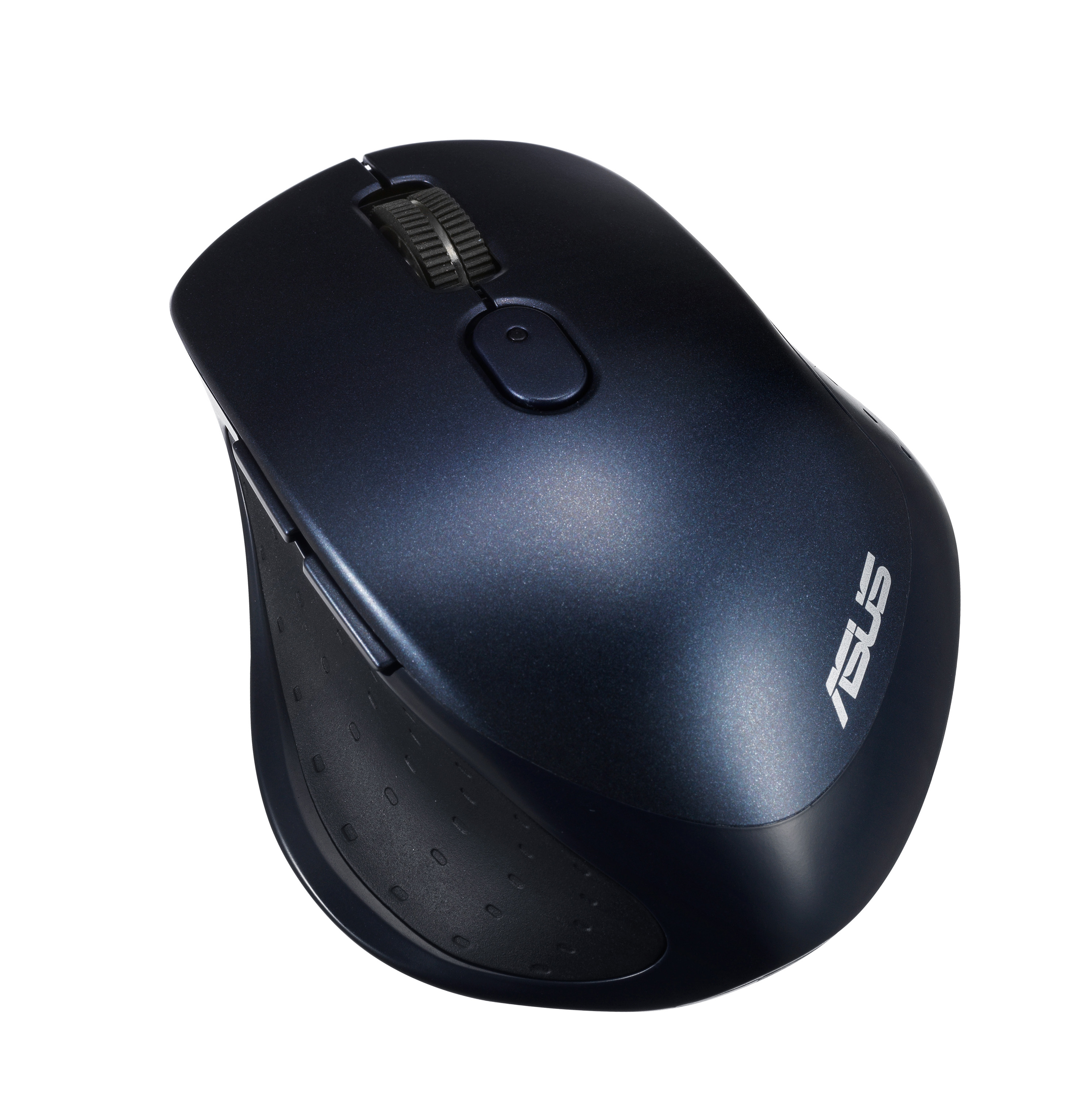 Mouse ASUS blu e nero. Ha una rotella, un pulsante e un'impugnatura strutturata.