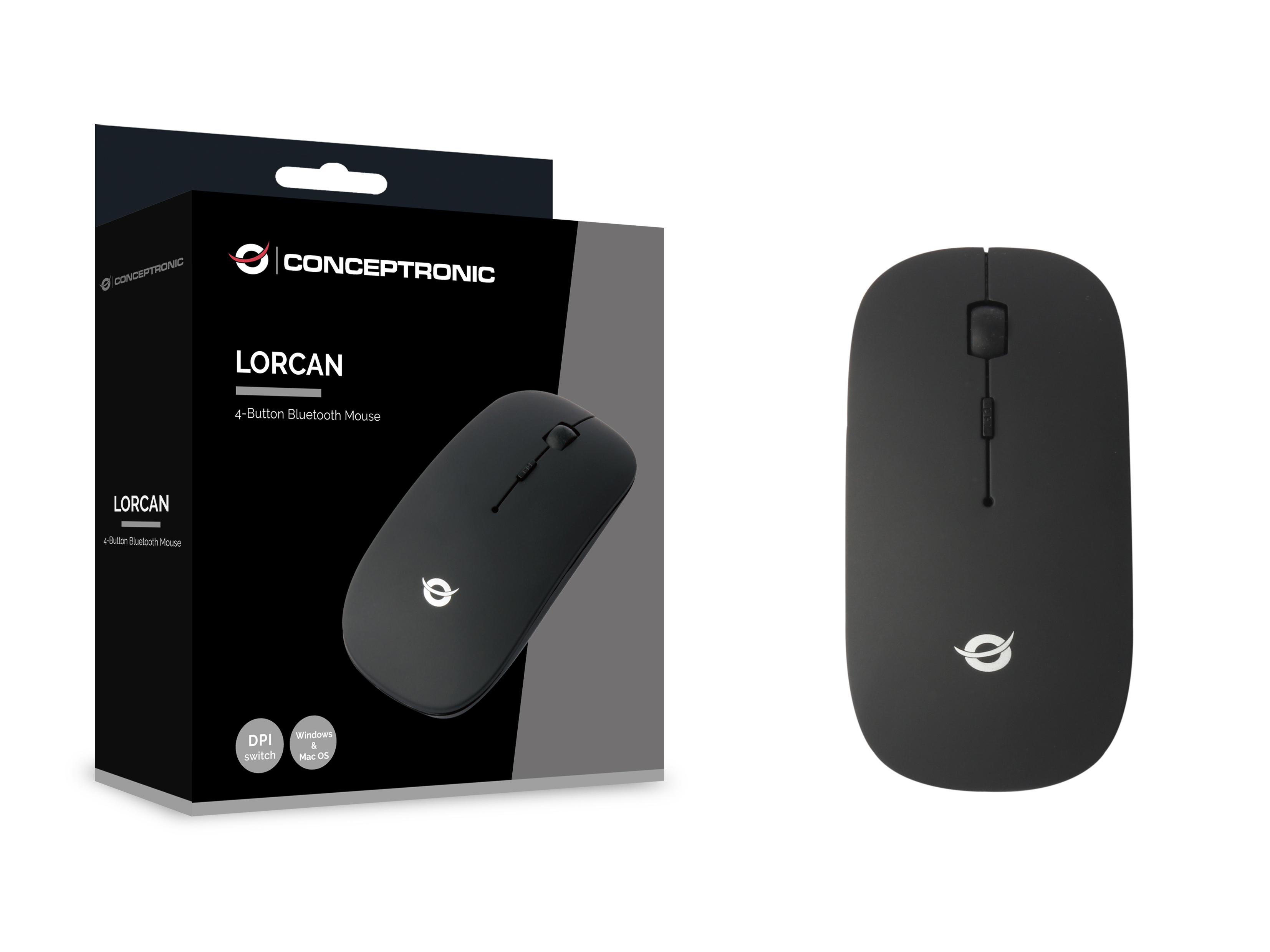 Black mouse beside the box. The box shows a black mouse. White background.
