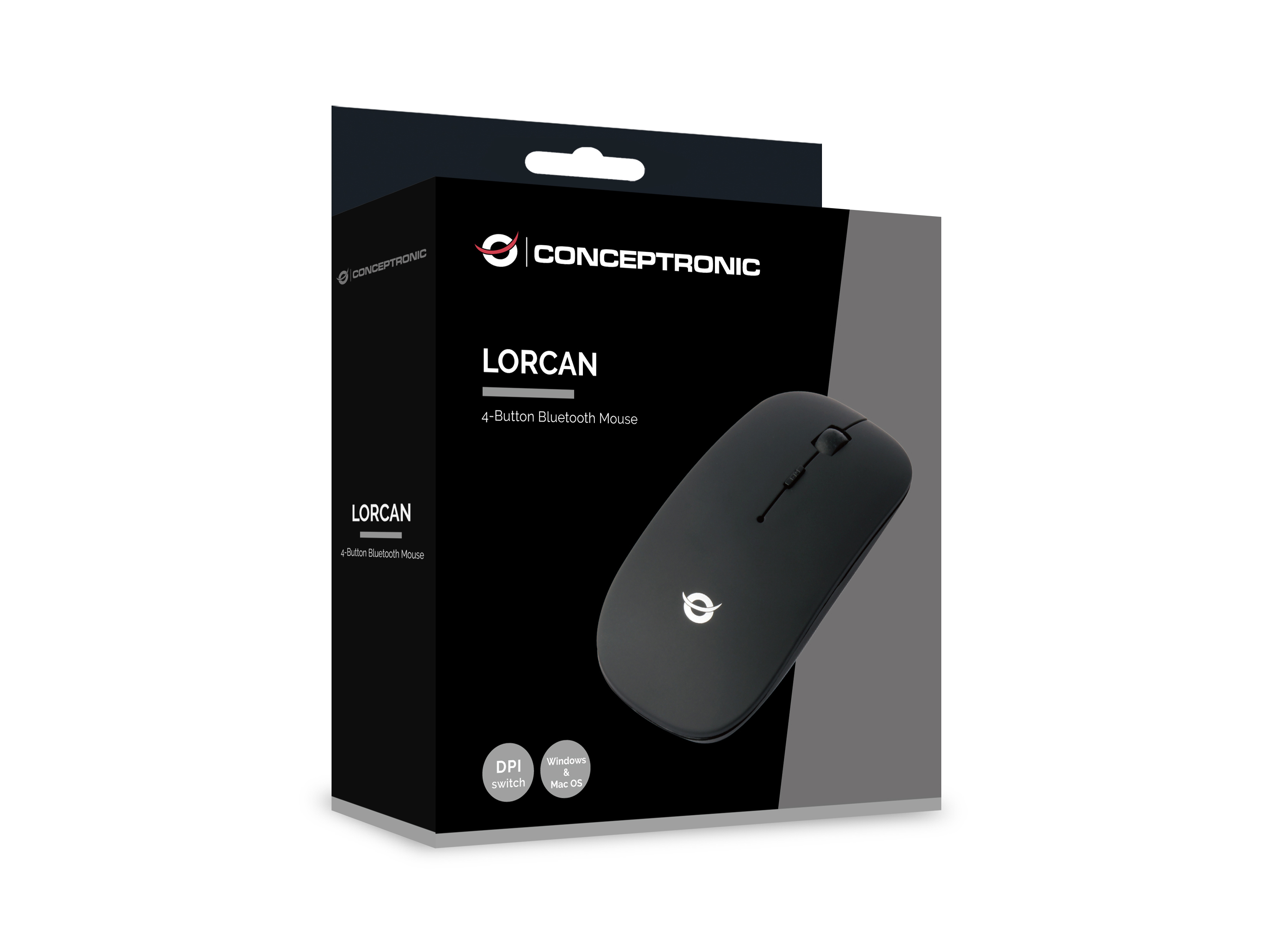 Black mouse in a box. The box has a black and white design. White background.