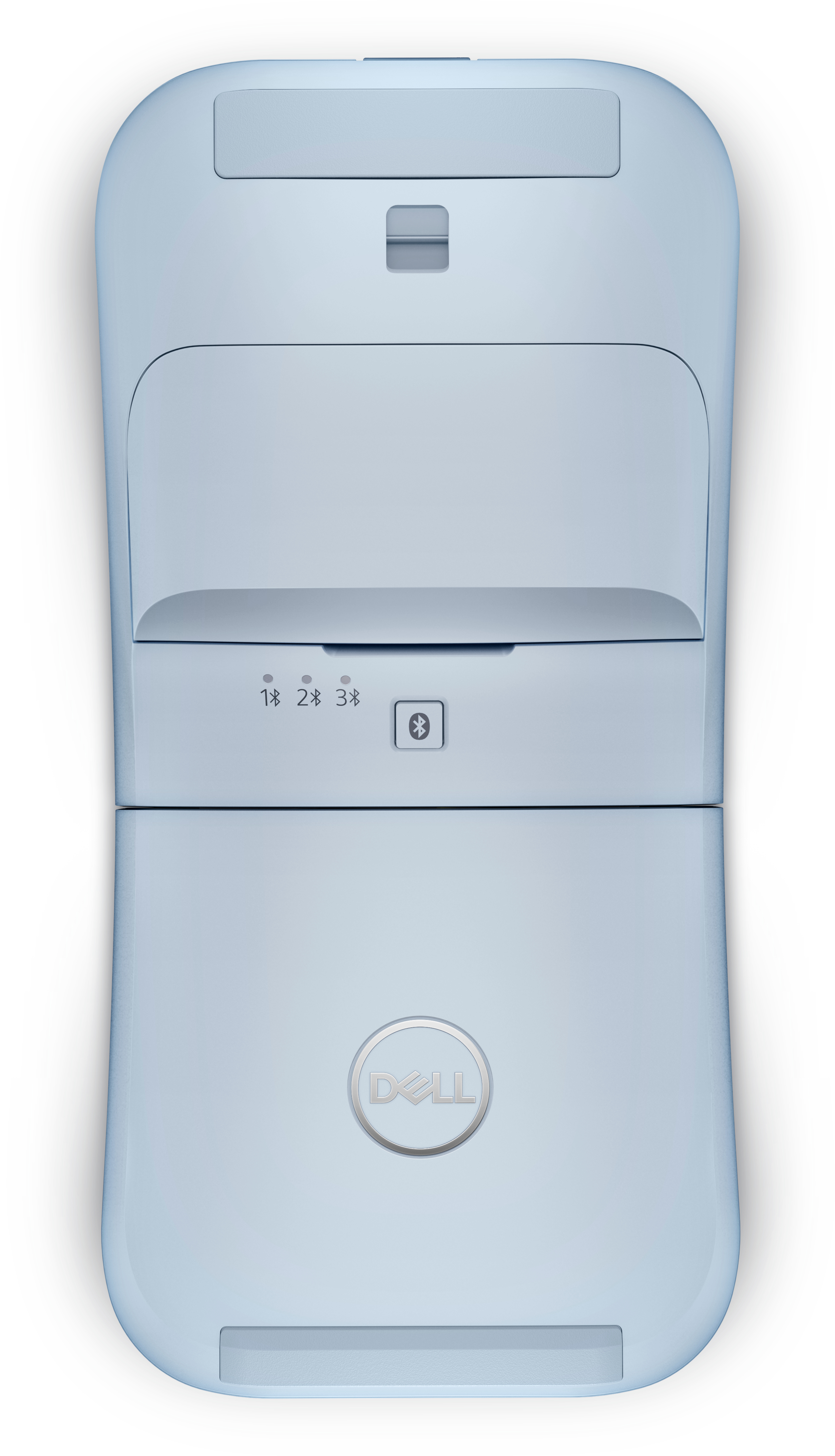 Jasnoniebieska mysz, widok od spodu. Posiada logo Dell i ikonę bluetooth.