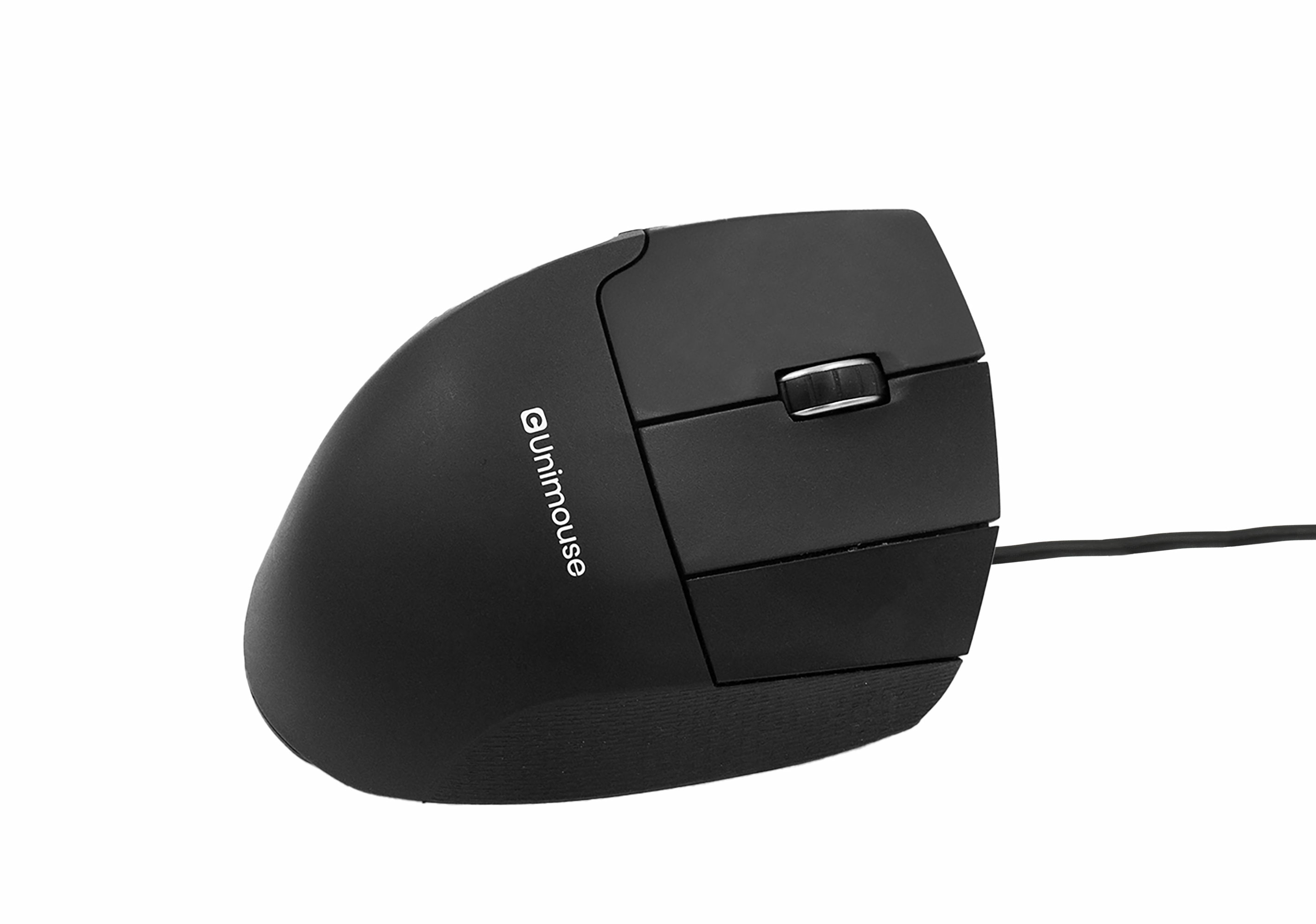 Black vertical mouse with a scroll wheel. White background.