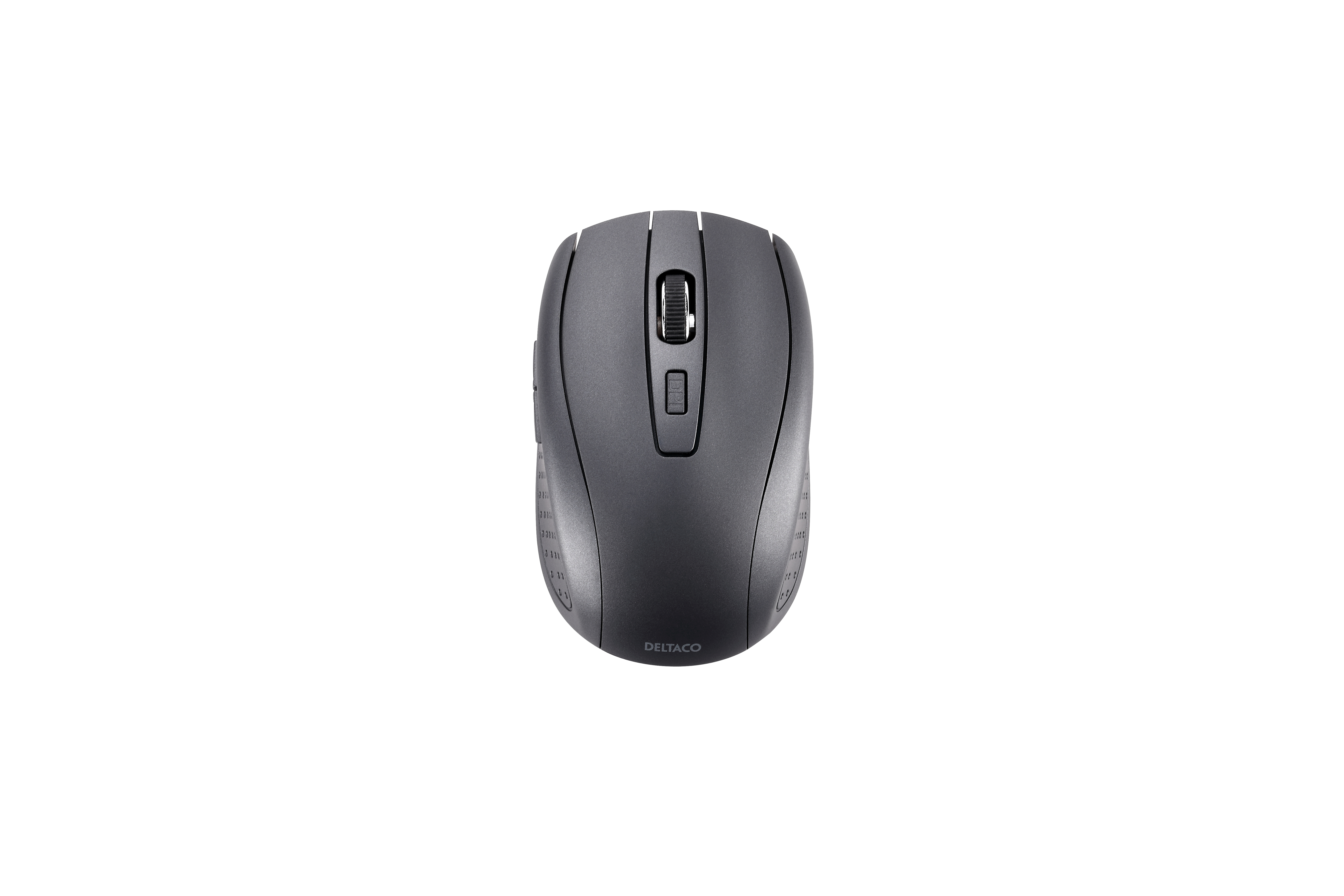 Een zwarte computermuis met een scrollwiel en knoppen, ontworpen voor comfortabel gebruik.