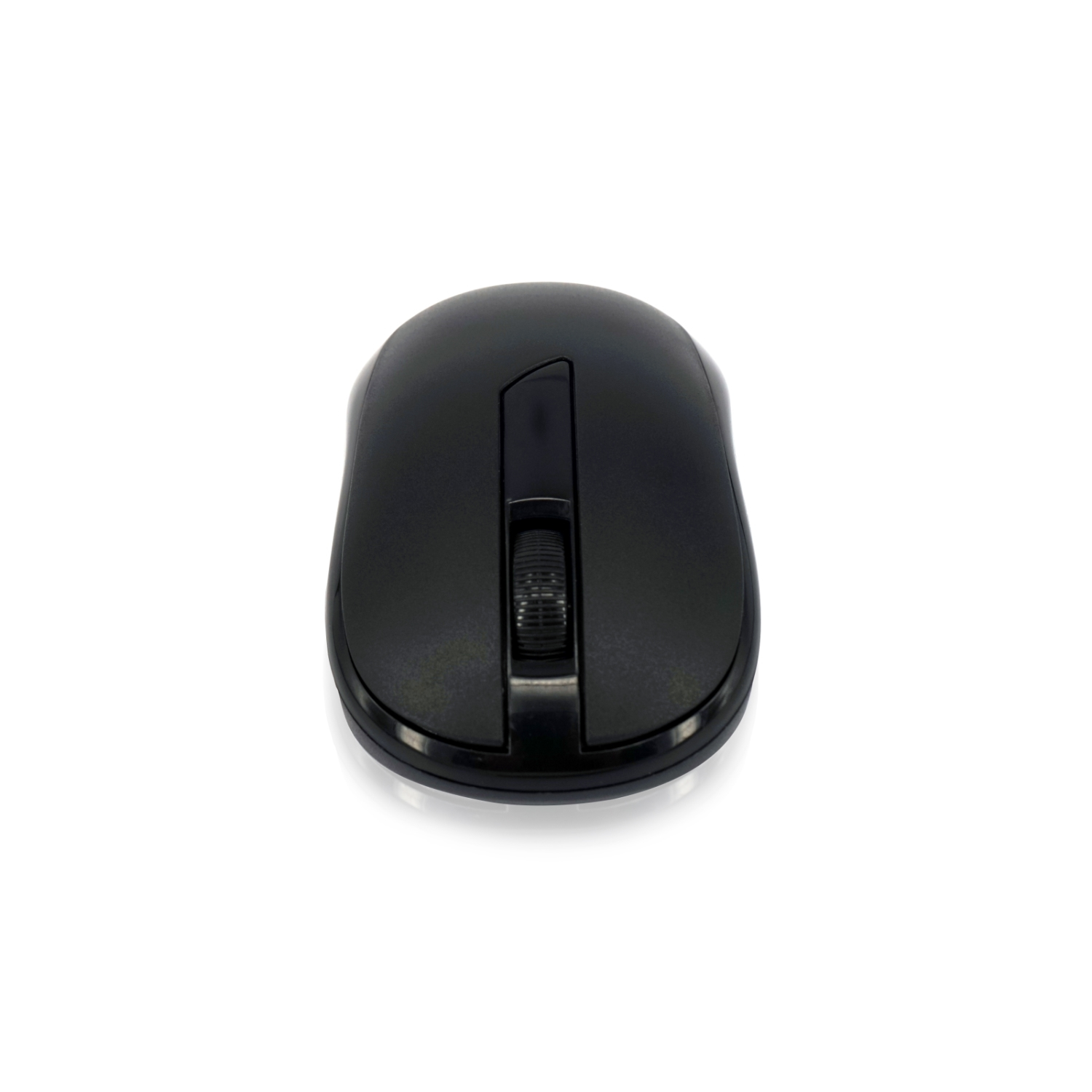 Un mouse wireless nero con una rotella di scorrimento su sfondo bianco.