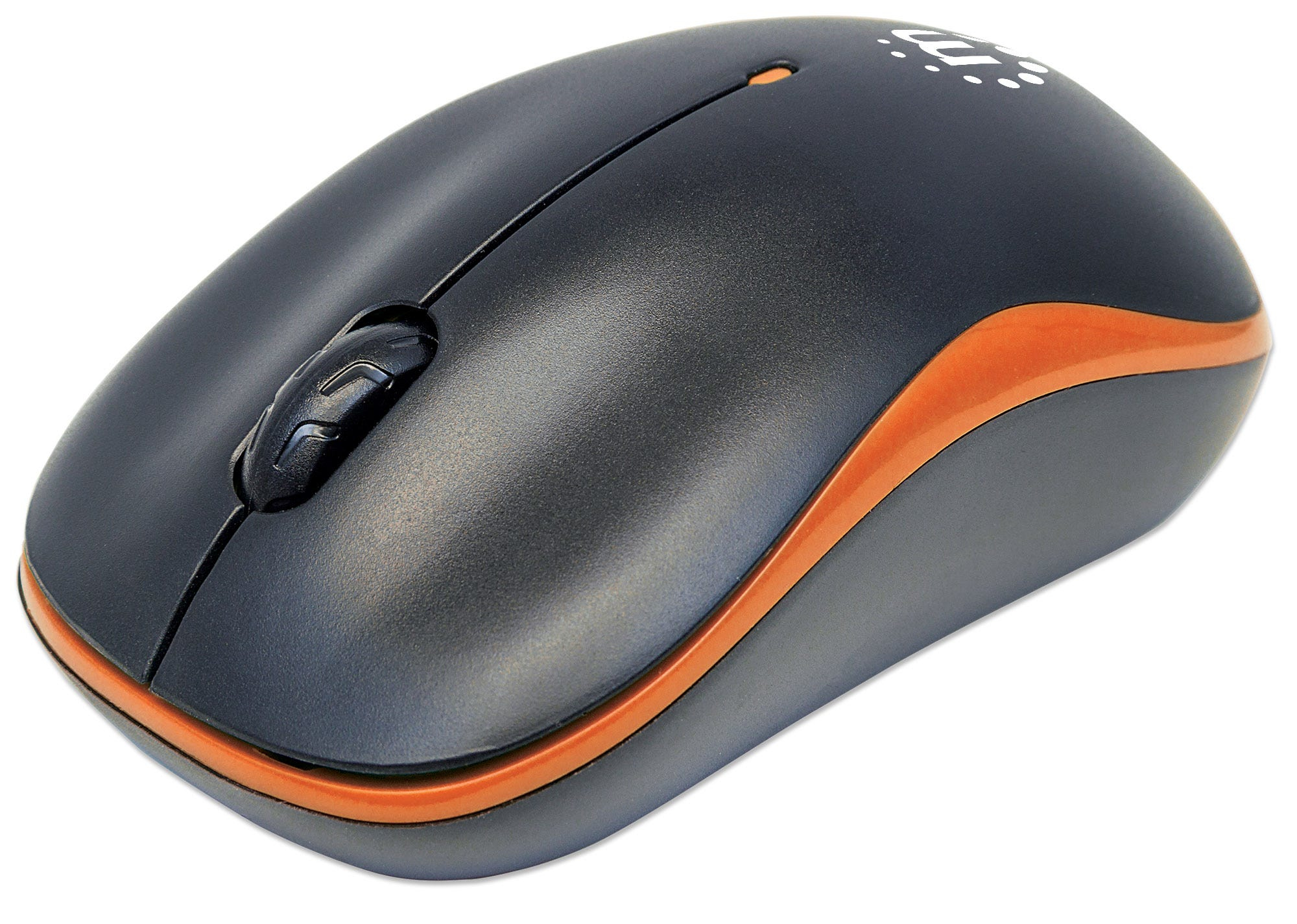Mouse nero con finiture arancioni. Logo bianco sulla parte superiore. Sfondo bianco.