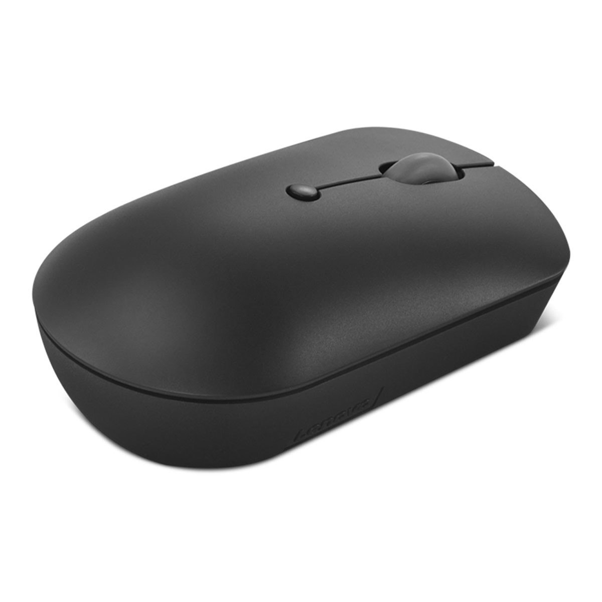 Mouse Lenovo nero su sfondo bianco. Ha una rotella di scorrimento e due pulsanti.