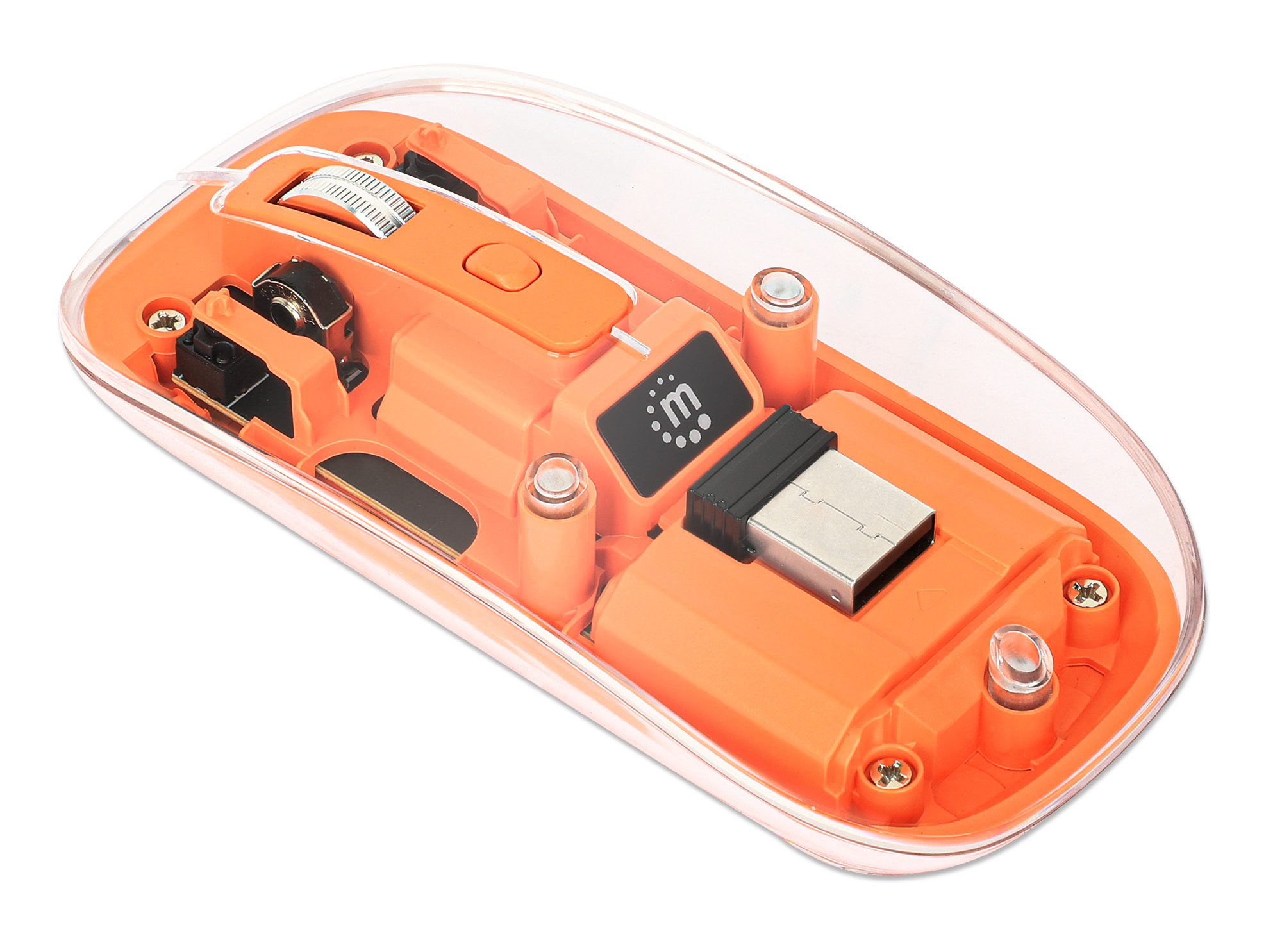 Pomarańczowa mysz z widocznymi elementami przezroczystej plastikowej obudowy.