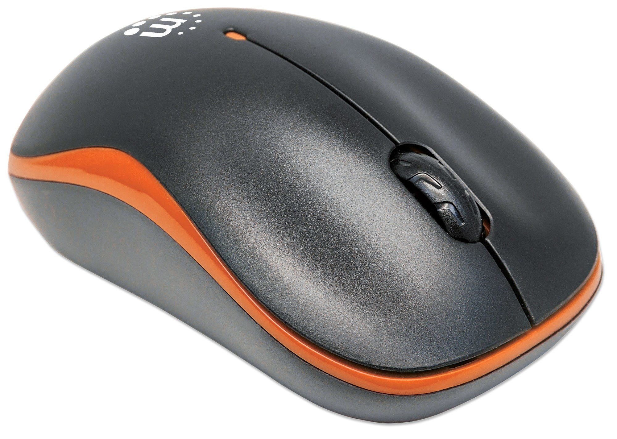 Mouse nero e arancione, con rotella di scorrimento e pulsanti laterali. Il logo del marchio è in alto.