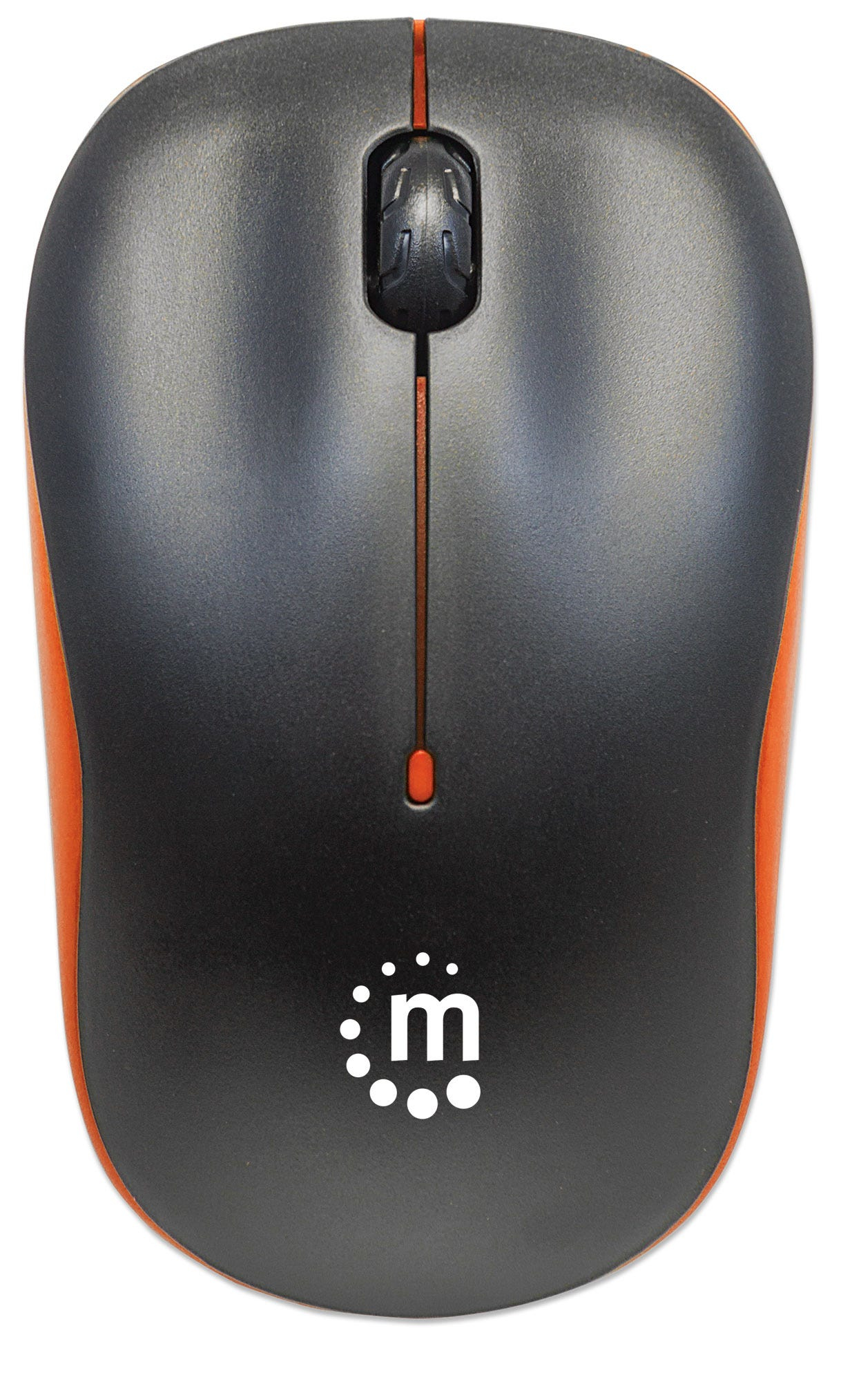 Mouse wireless nero e arancione. Ha rotella e pulsanti. Sfondo bianco.