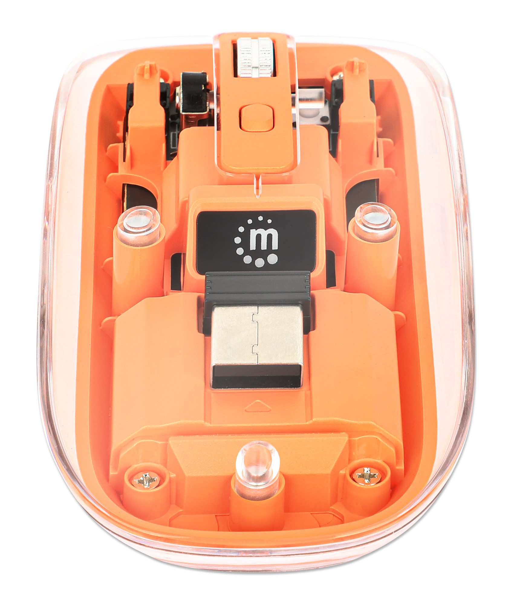 Pomarańczowa mysz, widoczne wnętrze. Przezroczysta pokrywa jest zdjęta.