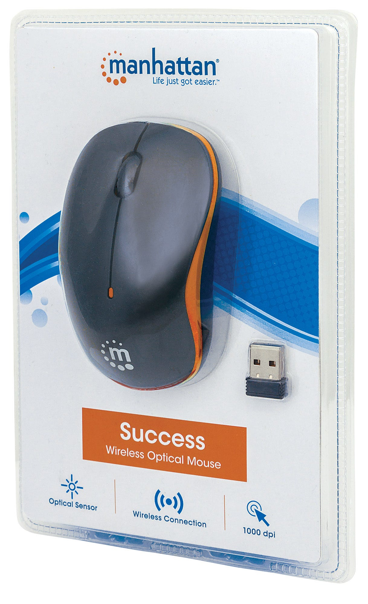Un mouse wireless in una confezione di plastica con un ricevitore USB. Sfondo bianco.