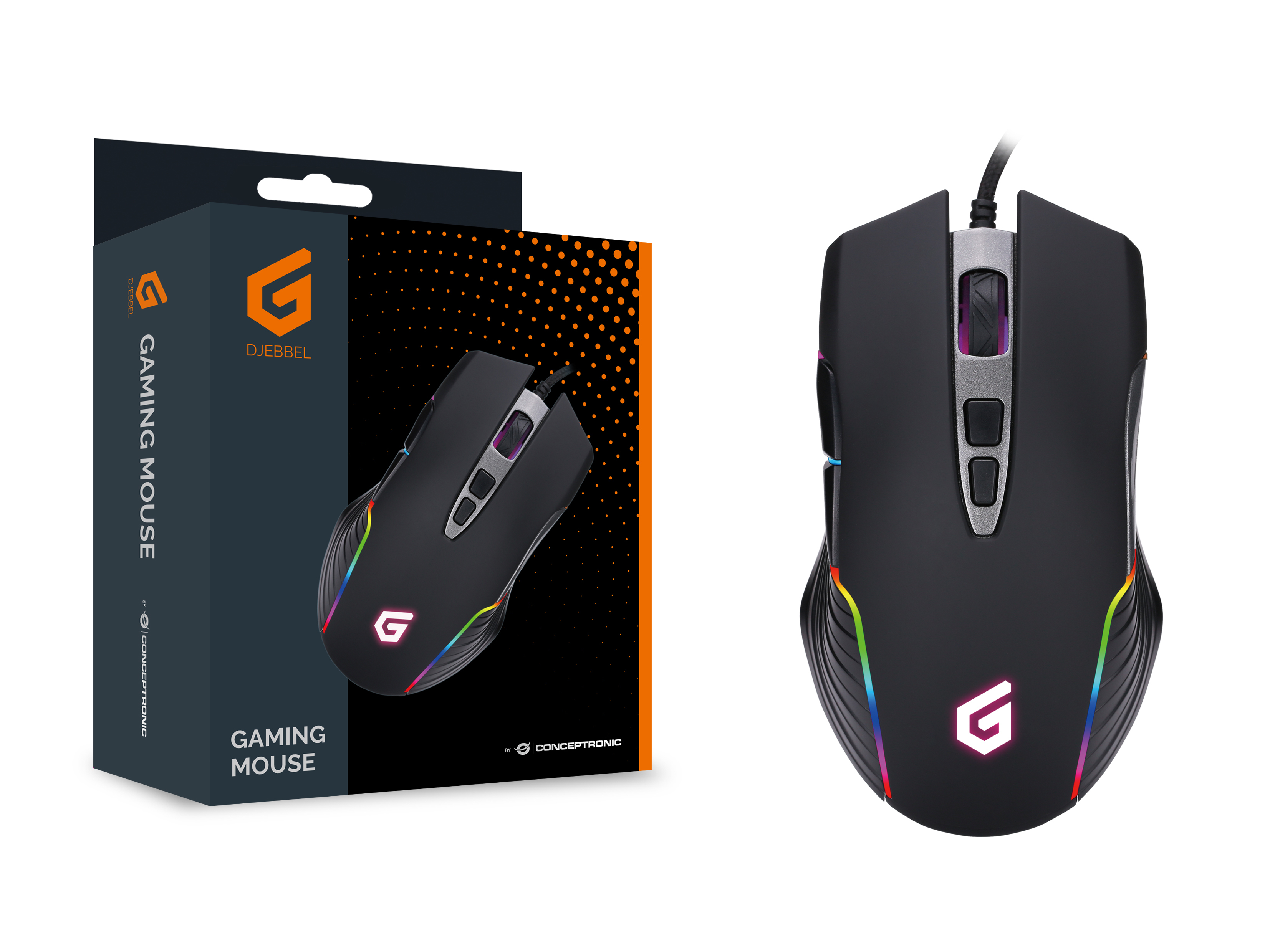 Gaming mouse and box, black with RGB lighting, white background.