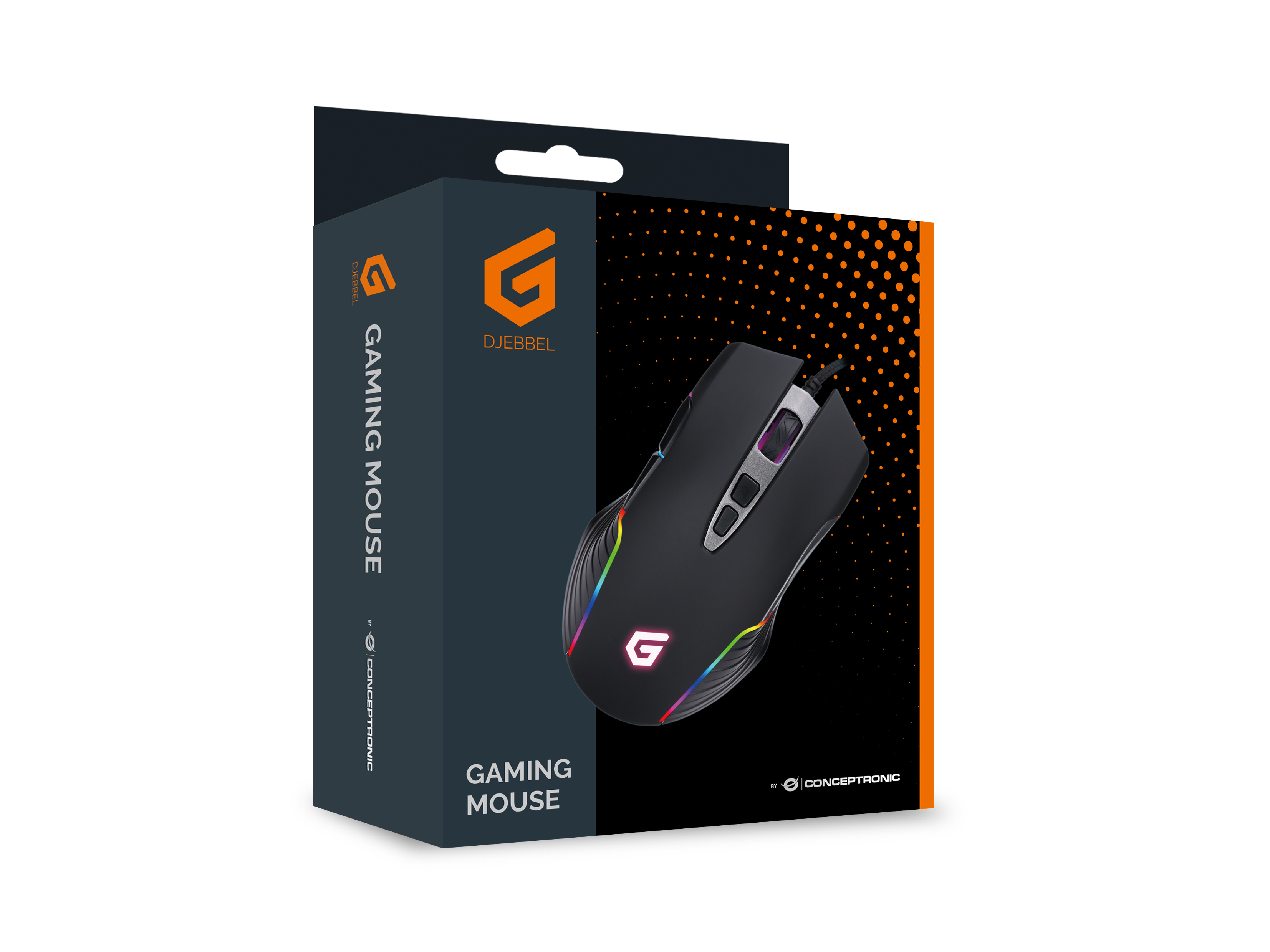Black gaming mouse in a box. It has RGB lights and the brand name Djeebel.