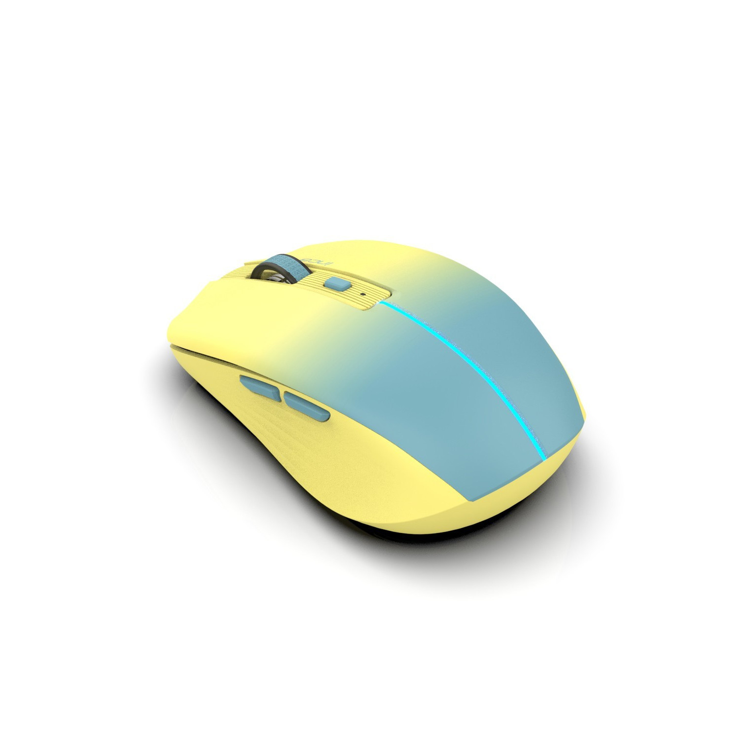 Een gele en blauwe computermuis op een witte achtergrond.